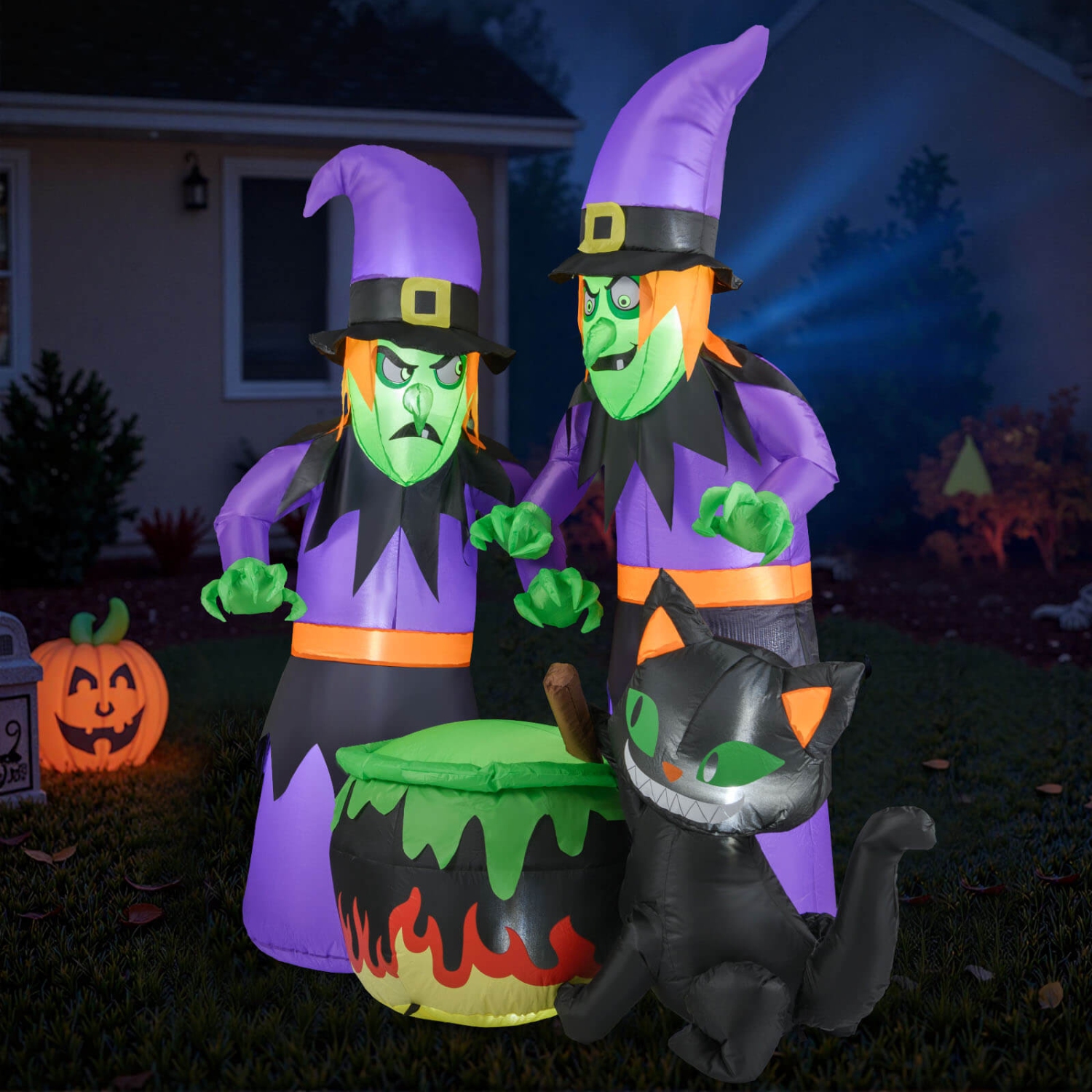 Costway 6 Ft Inflatable Halloween Witches Blow up 2 Scary Witch with Cauldron & Black Cat