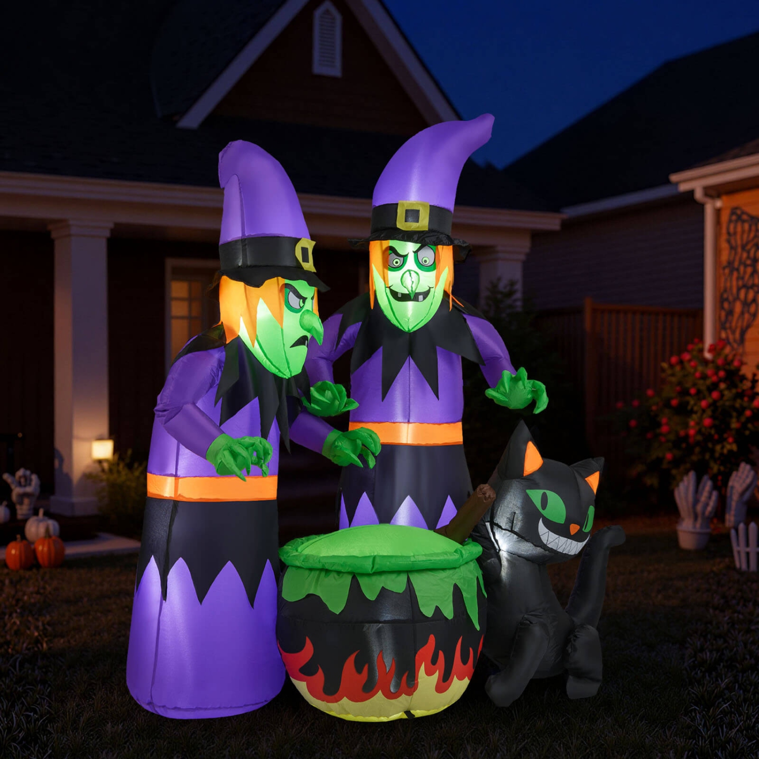 Costway 6 Ft Inflatable Halloween Witches Blow up 2 Scary Witch with Cauldron & Black Cat