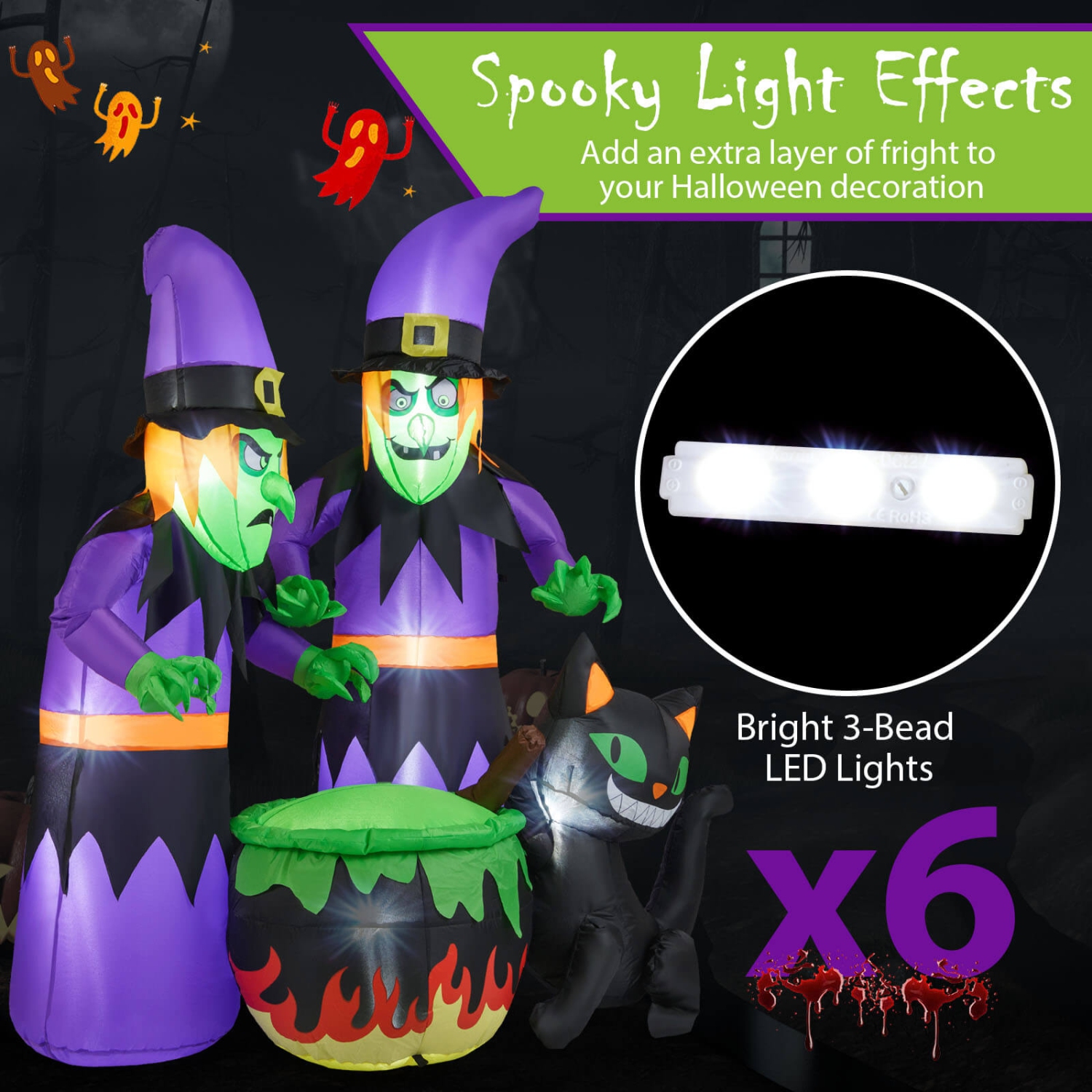 Costway 6 Ft Inflatable Halloween Witches Blow up 2 Scary Witch with Cauldron & Black Cat