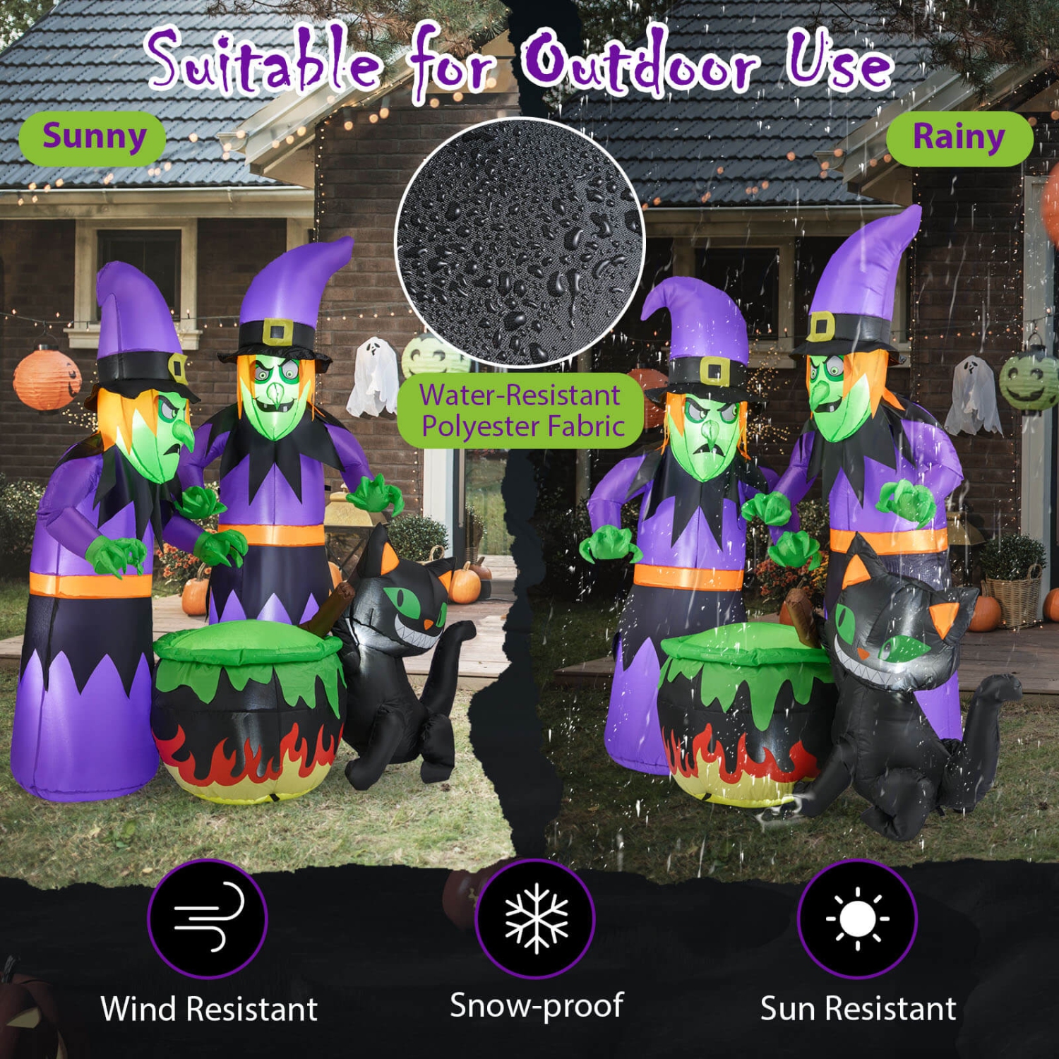 Costway 6 Ft Inflatable Halloween Witches Blow up 2 Scary Witch with Cauldron & Black Cat