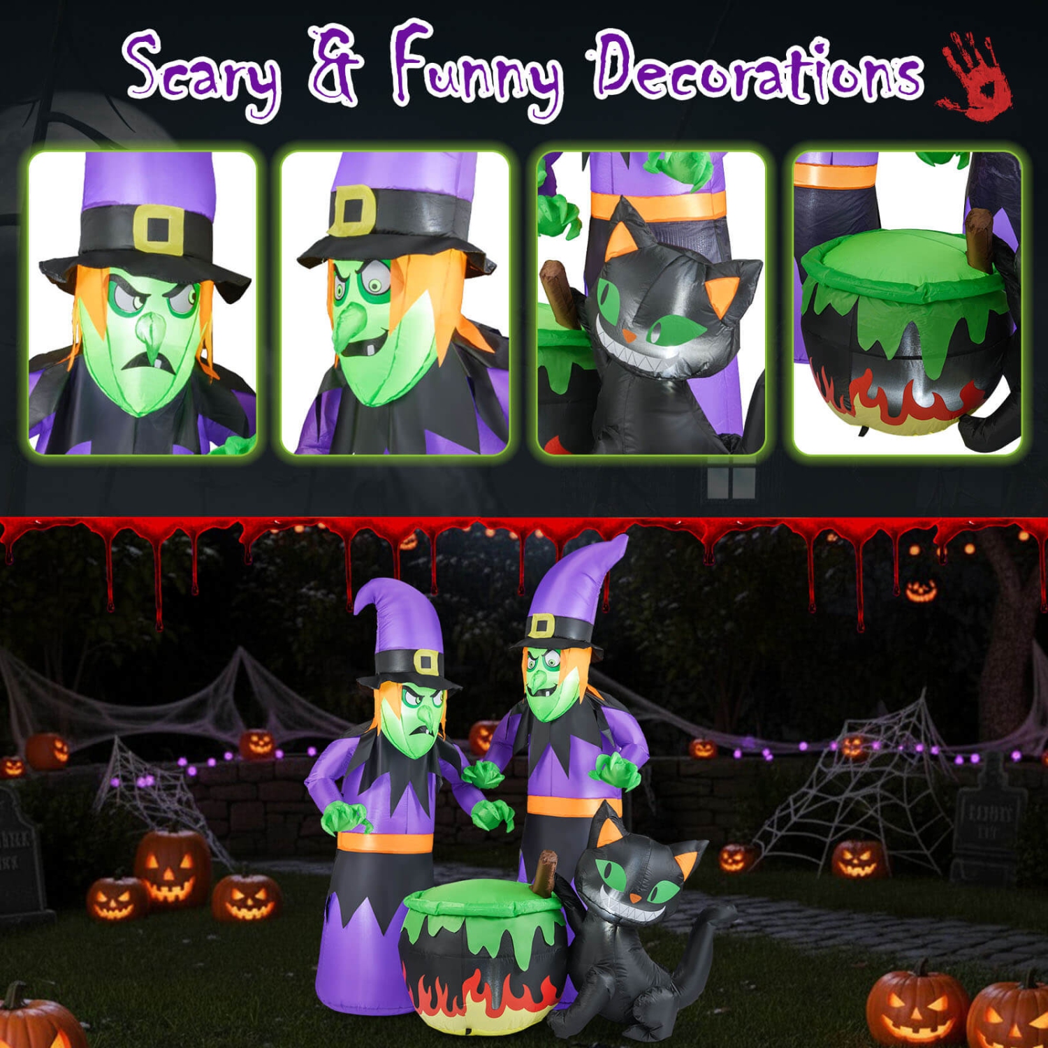 Costway 6 Ft Inflatable Halloween Witches Blow up 2 Scary Witch with Cauldron & Black Cat