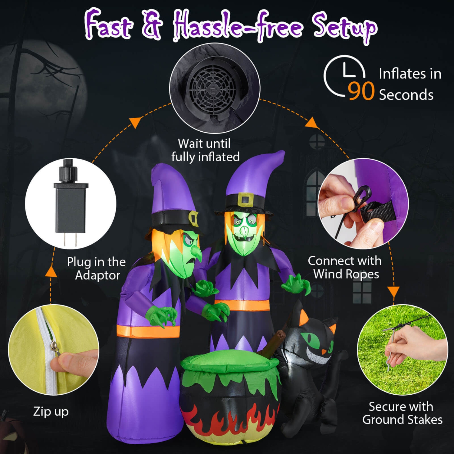 Costway 6 Ft Inflatable Halloween Witches Blow up 2 Scary Witch with Cauldron & Black Cat