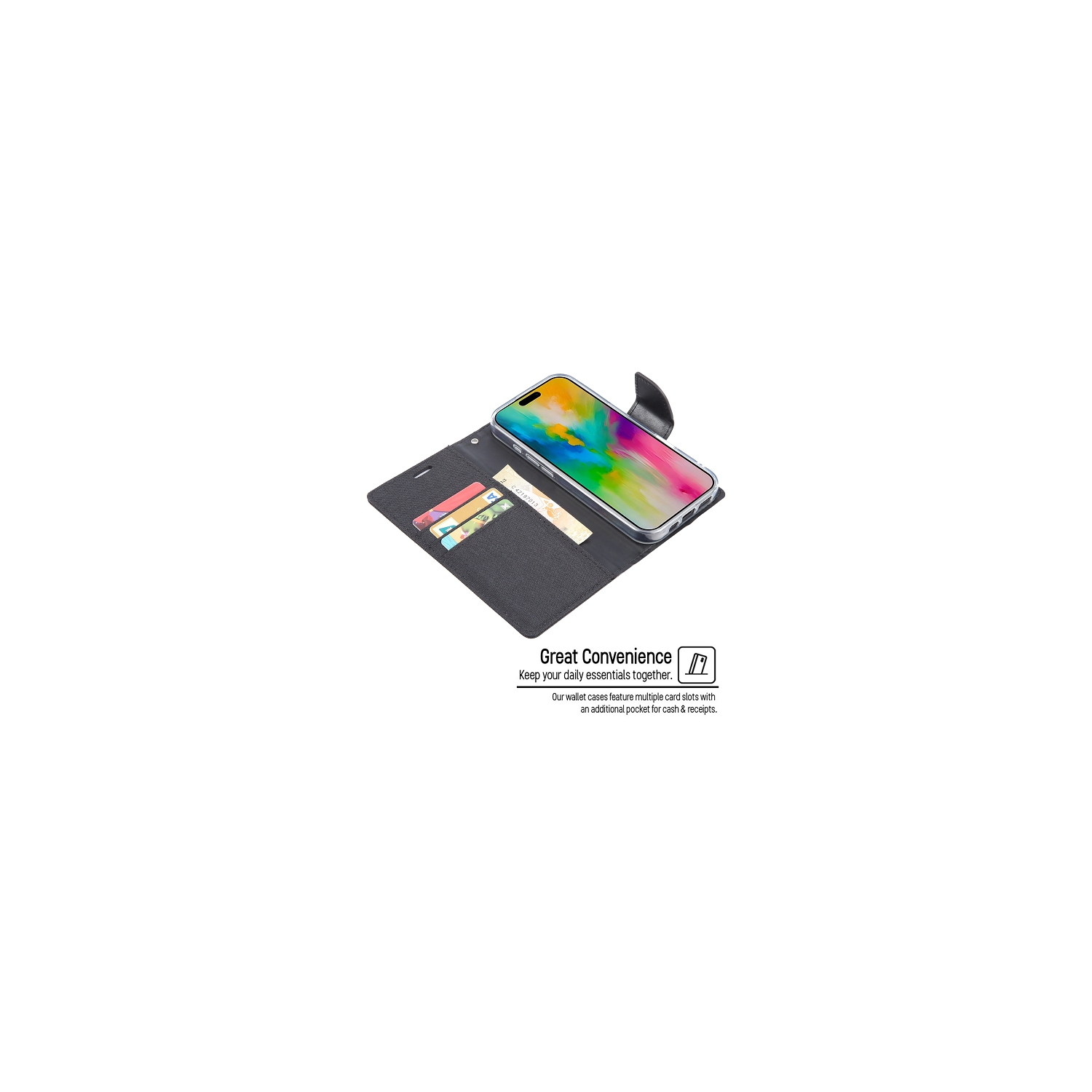 TopSave Goospery – Étui portefeuille en tissu avec porte-cartes CANVAS pour iPhone 17 6,3&nbsp;po, noir