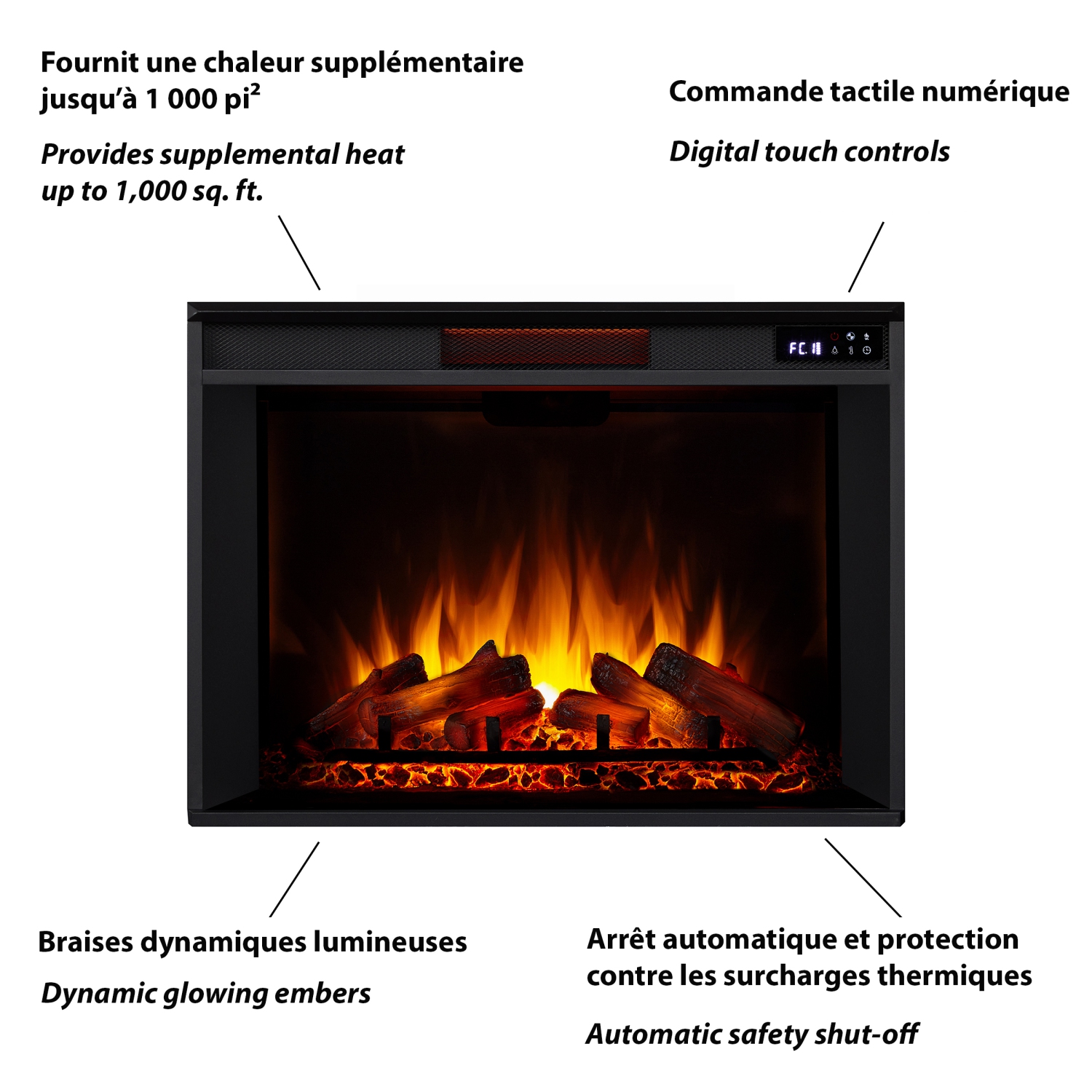 Grand foyer électrique 61 po Merced de Real Flame, noir