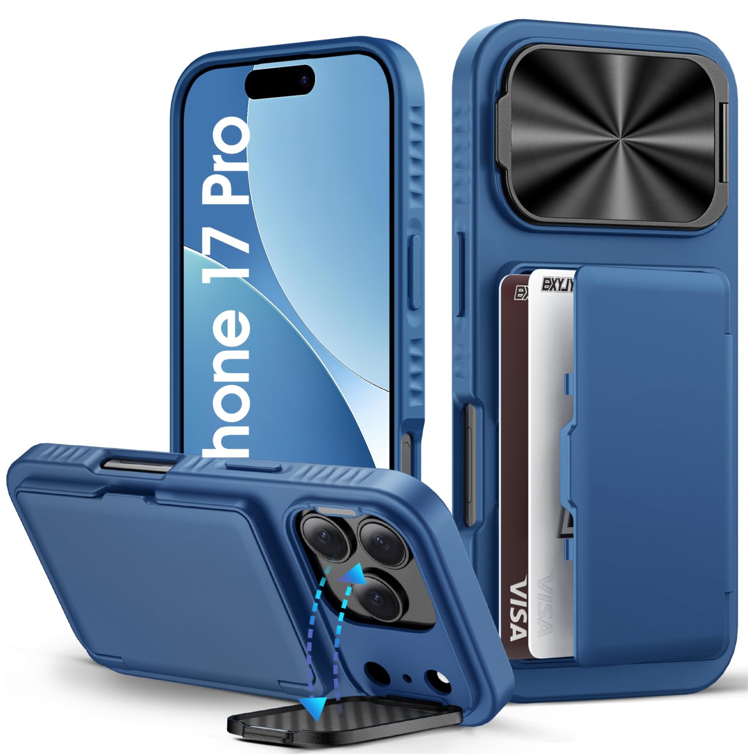 iPhone 17 Pro Case with Card Holder Camera Cover Stand, Military Grade Protection, Shock Proof Heavy Duty Rugged Women Men Wallet Case for iPhone 17