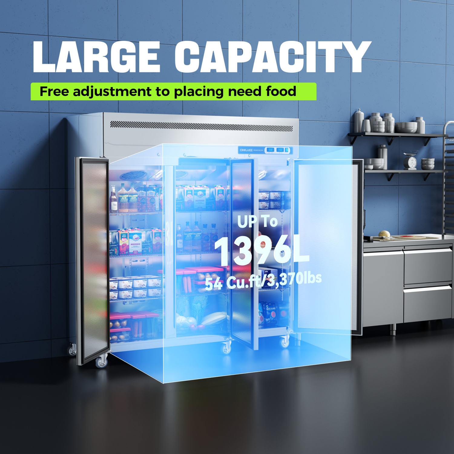 Coolake Commercial Refrigerator and Freezer Combo, 72" W Dual Temperature Zones, 54 Cu.ft 3 Door