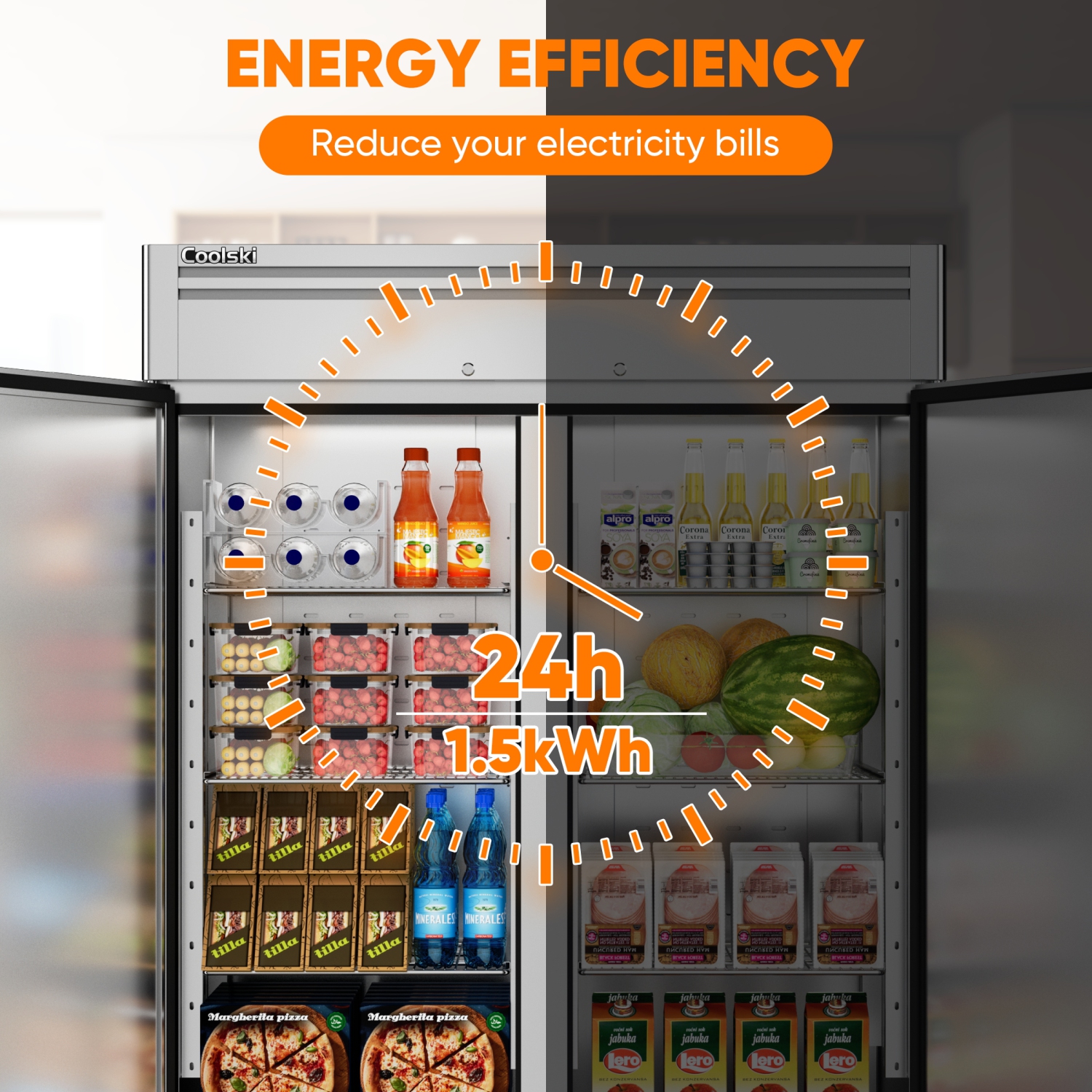 Coolski 54"W 2 Door Commercial Refrigerator, 49 Cu.ft Stainless Steel Reach-in Fridge