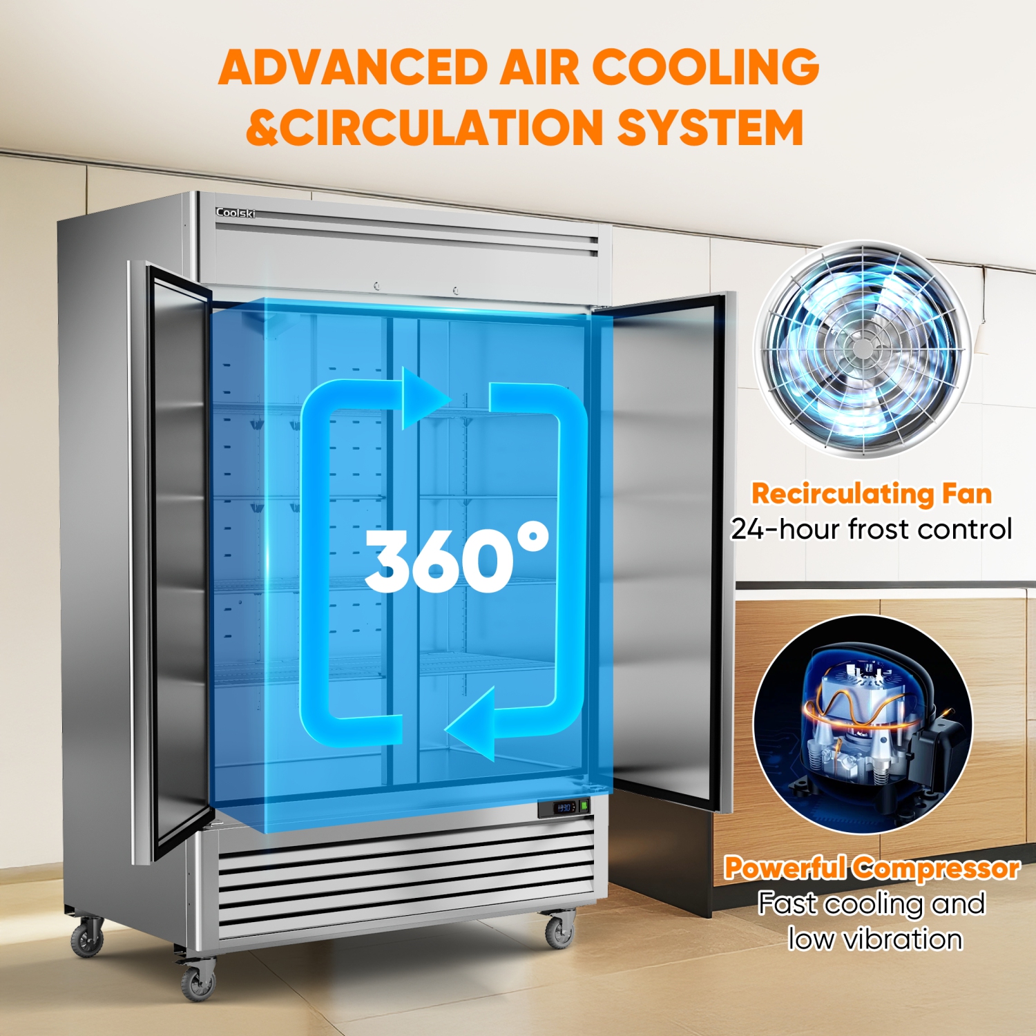 Coolski 54"W 2 Door Commercial Refrigerator, 49 Cu.ft Stainless Steel Reach-in Fridge