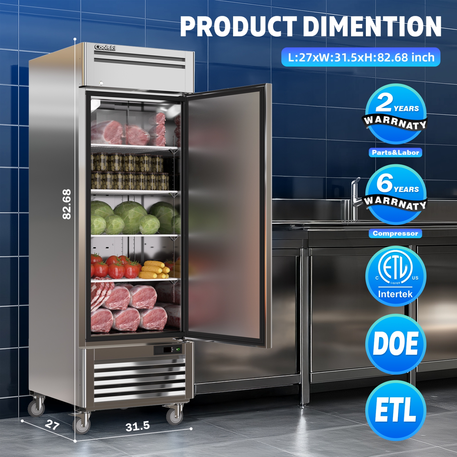 Coolski 27" W Commercial Freezer, 19.32 Cu.ft Single Solid Door Stainless Steel Reach-in Freezer