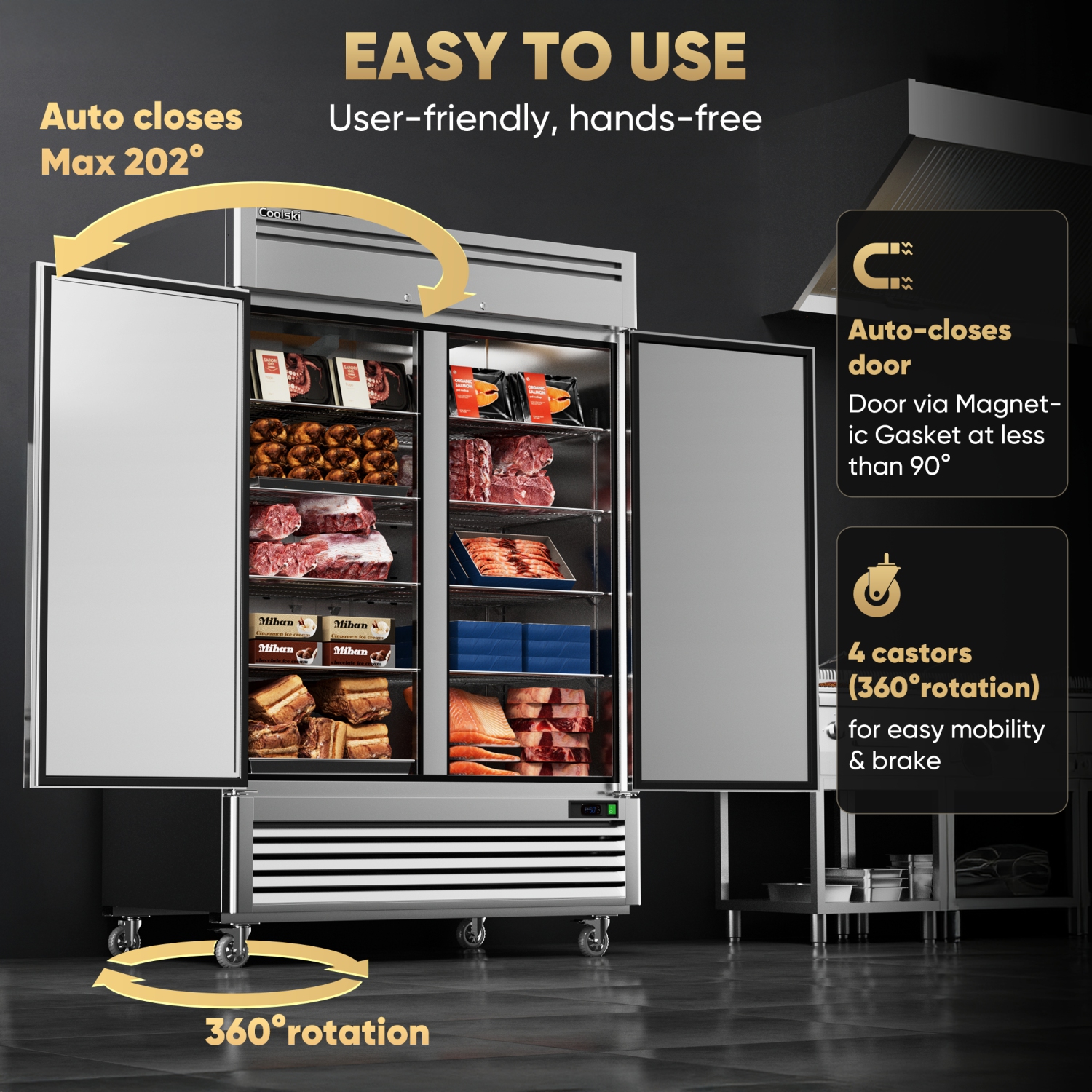 Coolski 54"W 2 Door Commercial Freezer, 49 Cu.ft Stainless Steel Reach-in Freezer