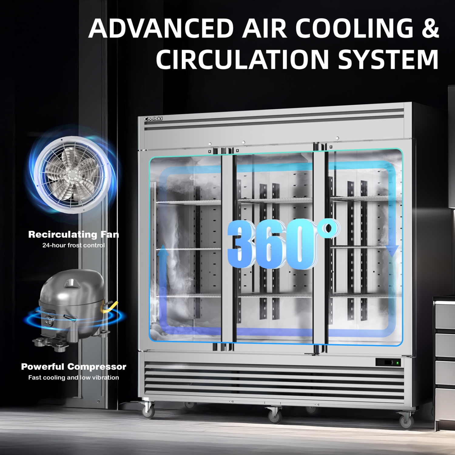 Coolski 82" W Commercial Freezer 72 Cu.ft 3 Door Reach-in Stainless Steel Commercial Freezer