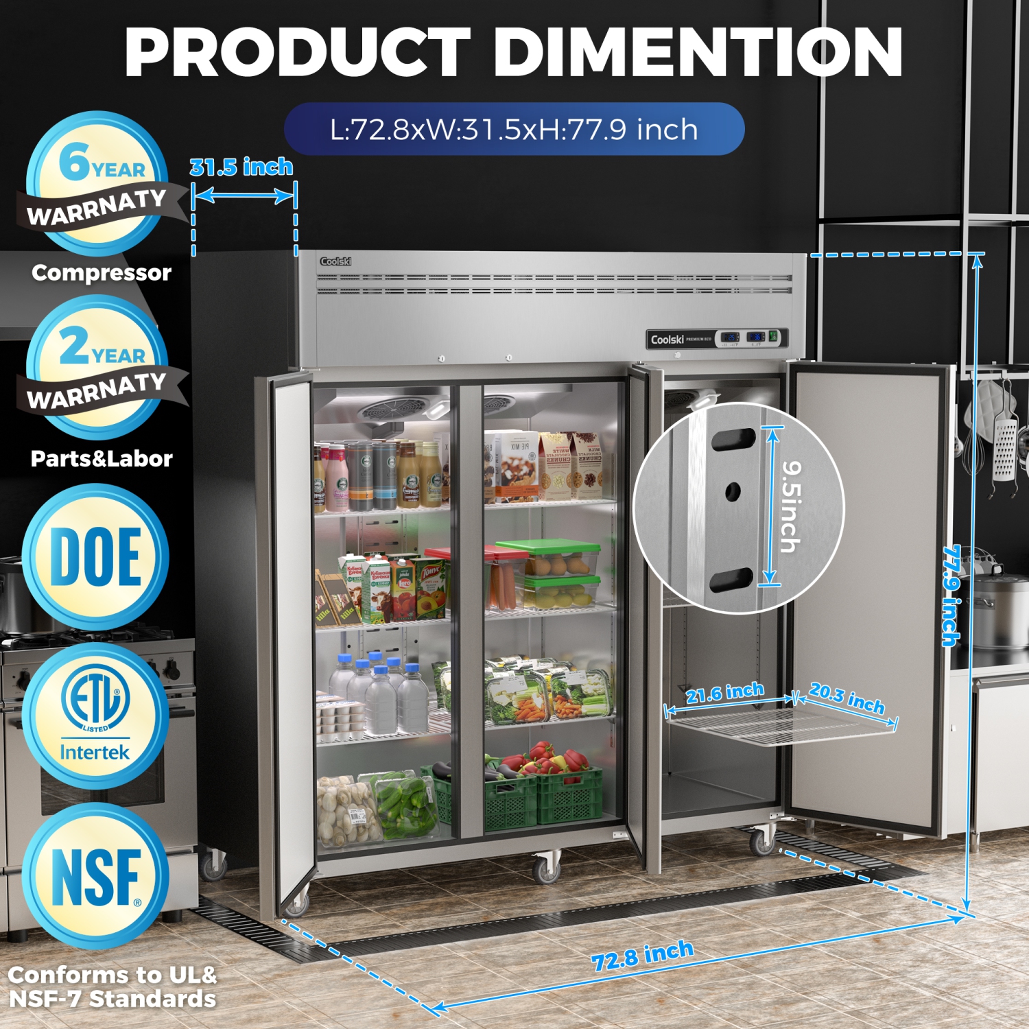 Coolski Commercial Refrigerator and Freezer Combo Reach-in Freezer 54 Cu.ft, 72" W 3 Door