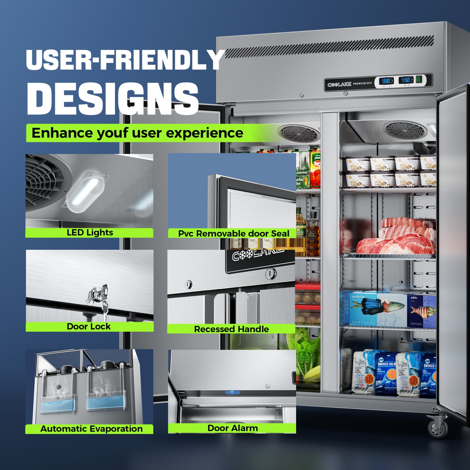 Coolake Commercial Refrigerator and Freezer Combo, 48" W Dual Temperature Zones, 36 Cu.ft 2 Door