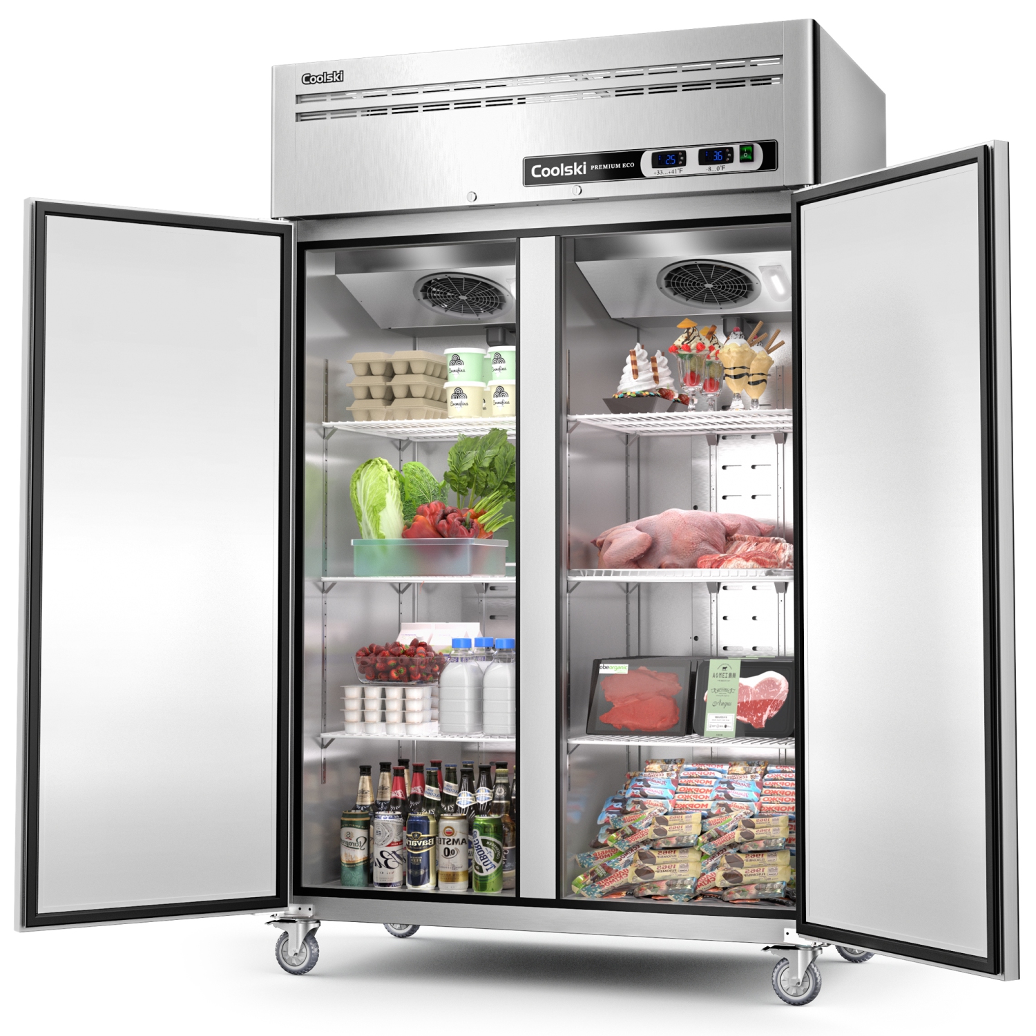 Coolski 48" W Commercial Refrigerator and Freezer Combo, 36 Cu.ft 2 Door Reach in Freezer for Restaurant