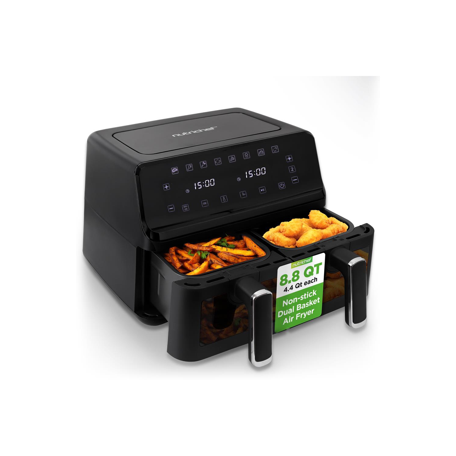 Friteuse à air chaud avec panier double NutriChef de 8,8 pte | Cuiseur numérique sans huile de format familial avec fenêtre transparente | 9-1
