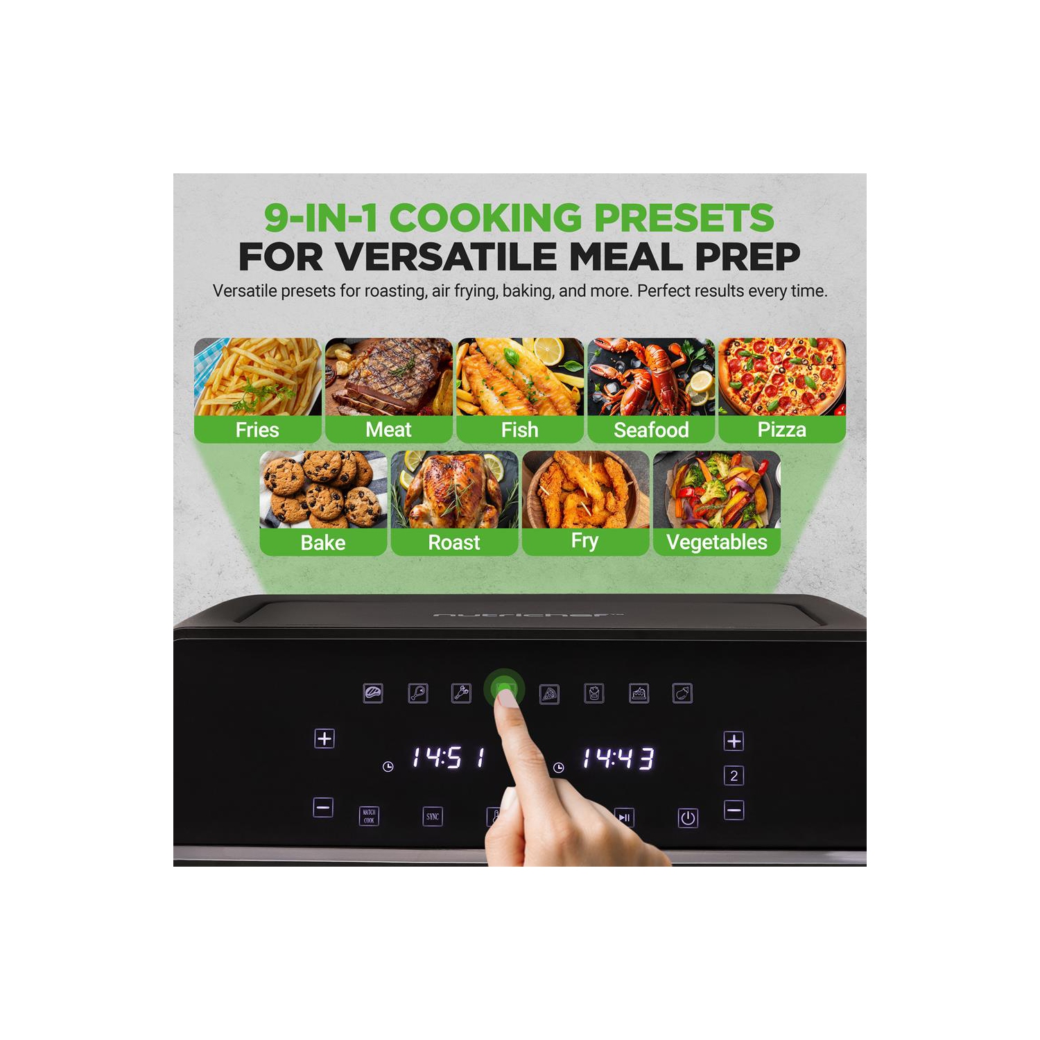 Friteuse à air chaud avec panier double NutriChef de 8,8 pte | Cuiseur numérique sans huile de format familial avec fenêtre transparente | 9-1