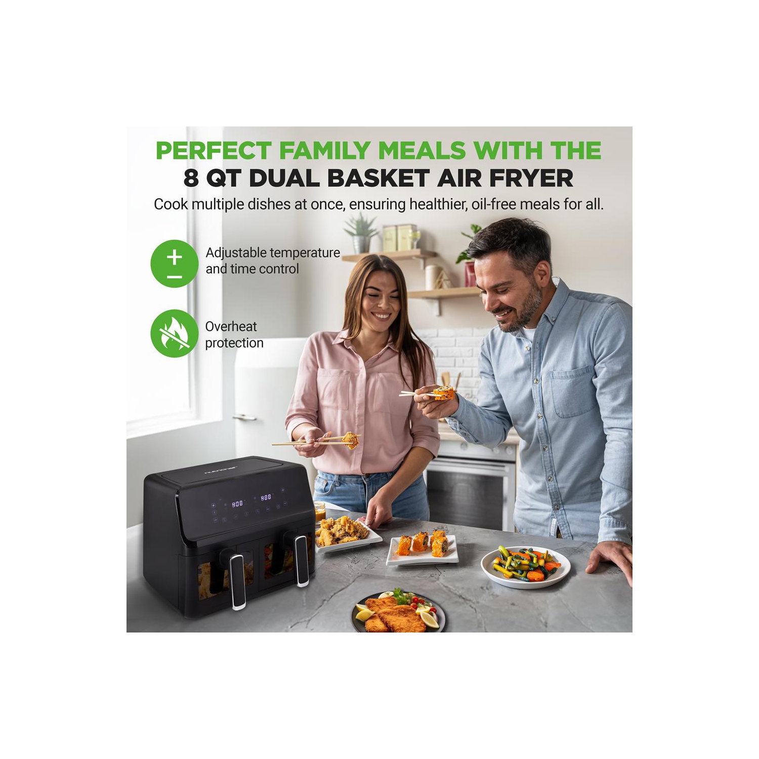 Friteuse à air chaud avec panier double NutriChef de 8,8 pte | Cuiseur numérique sans huile de format familial avec fenêtre transparente | 9-1