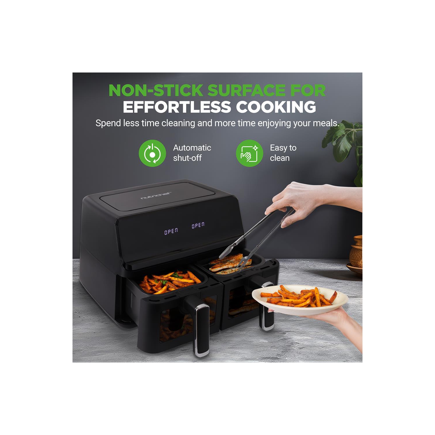 Friteuse à air chaud avec panier double NutriChef de 8,8 pte | Cuiseur numérique sans huile de format familial avec fenêtre transparente | 9-1