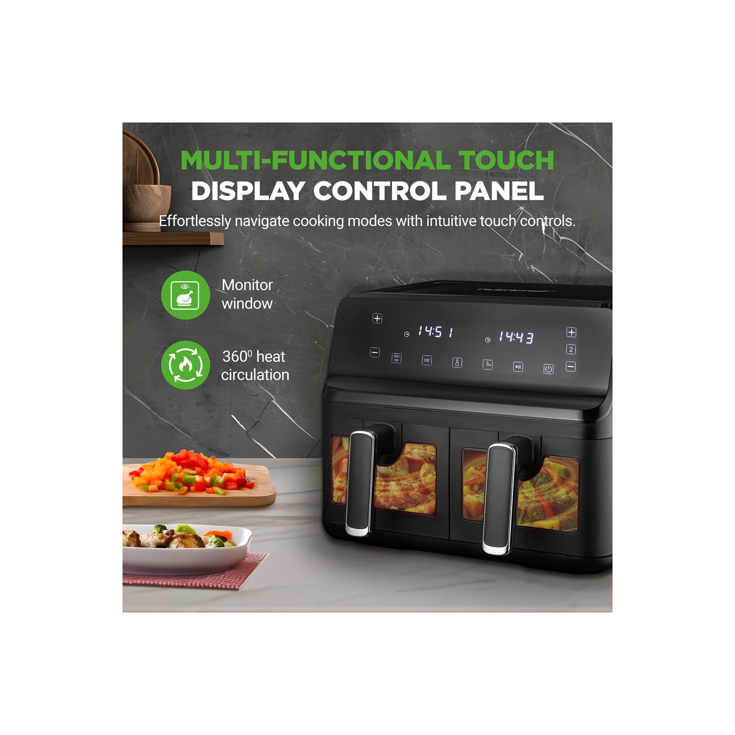 Friteuse à air chaud avec panier double NutriChef de 8,8 pte | Cuiseur numérique sans huile de format familial avec fenêtre transparente | 9-1