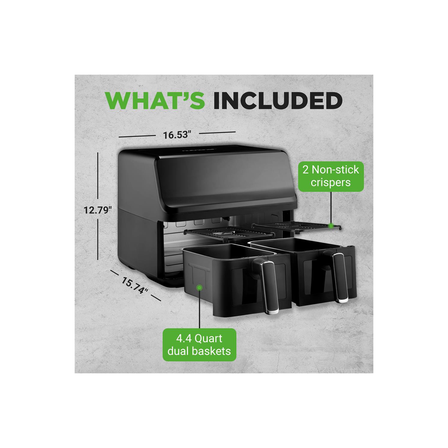 Friteuse à air chaud avec panier double NutriChef de 8,8 pte | Cuiseur numérique sans huile de format familial avec fenêtre transparente | 9-1