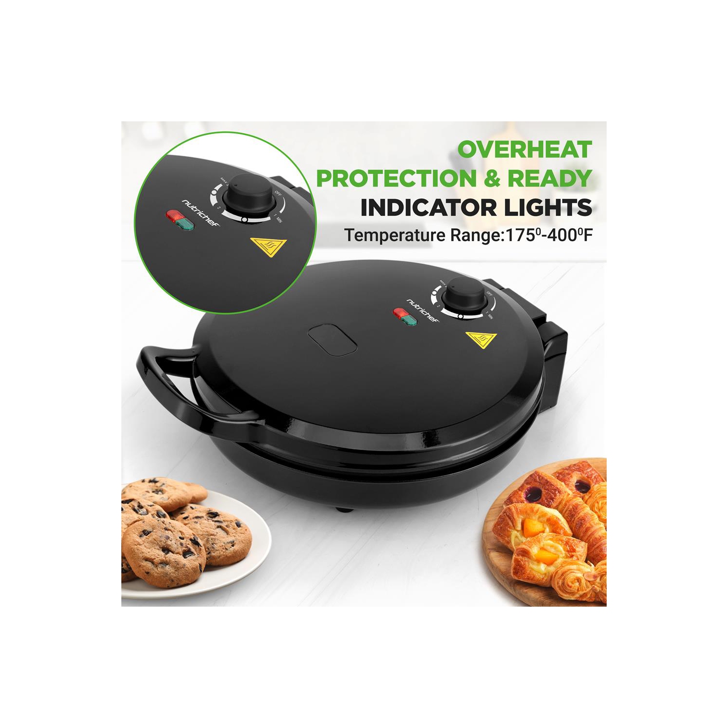NutriChef Countertop Pizza Maker | 1500W Non-Stick Electric Pizza Cooker | Make 12" Personal Pizzas, Eggs, Toast & More | Compact & Space-Saving |