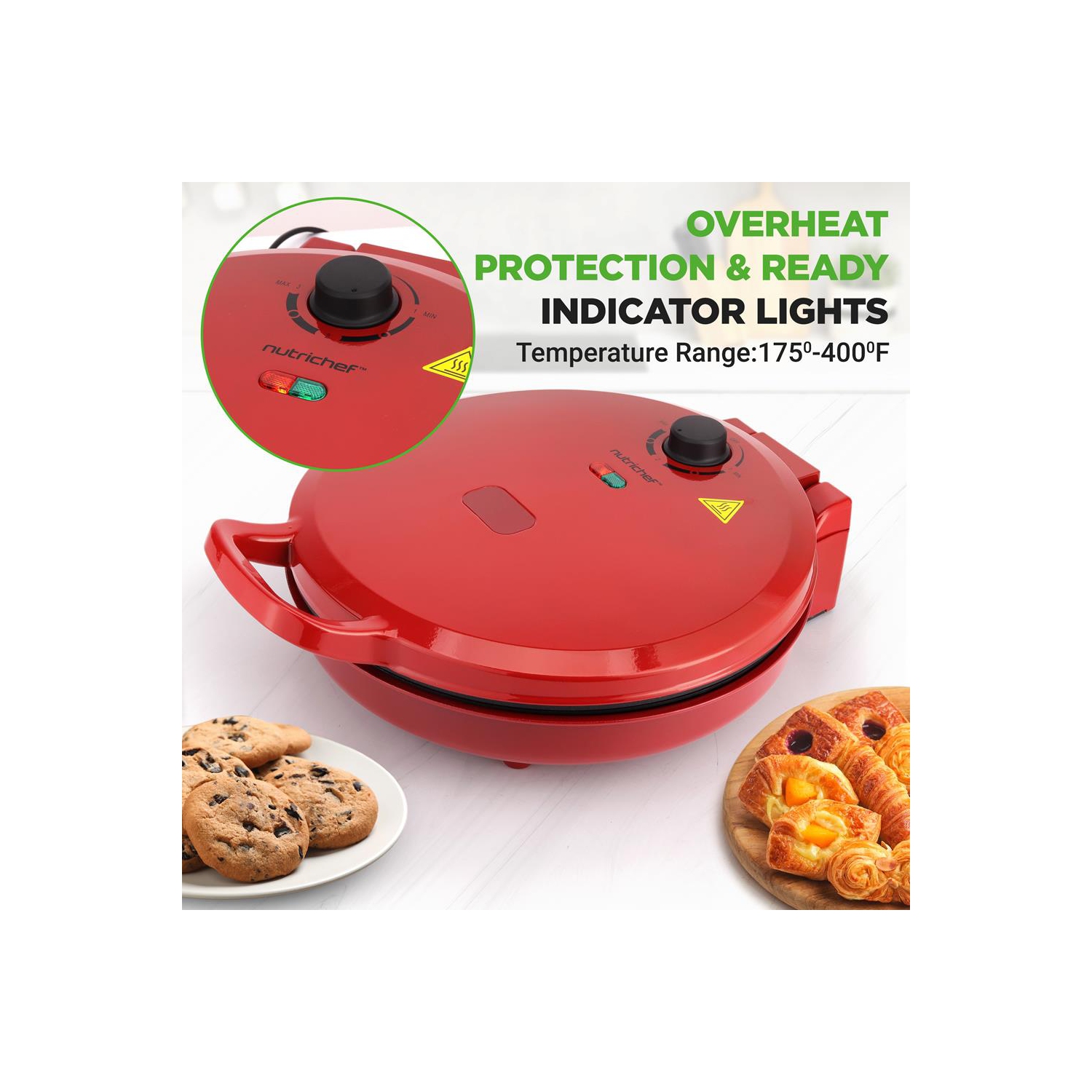 NutriChef Countertop Pizza Maker | 1500W Non-Stick Electric Pizza Cooker | Make 12" Personal Pizzas, Eggs, Toast & More |Compact & Space-Saving |