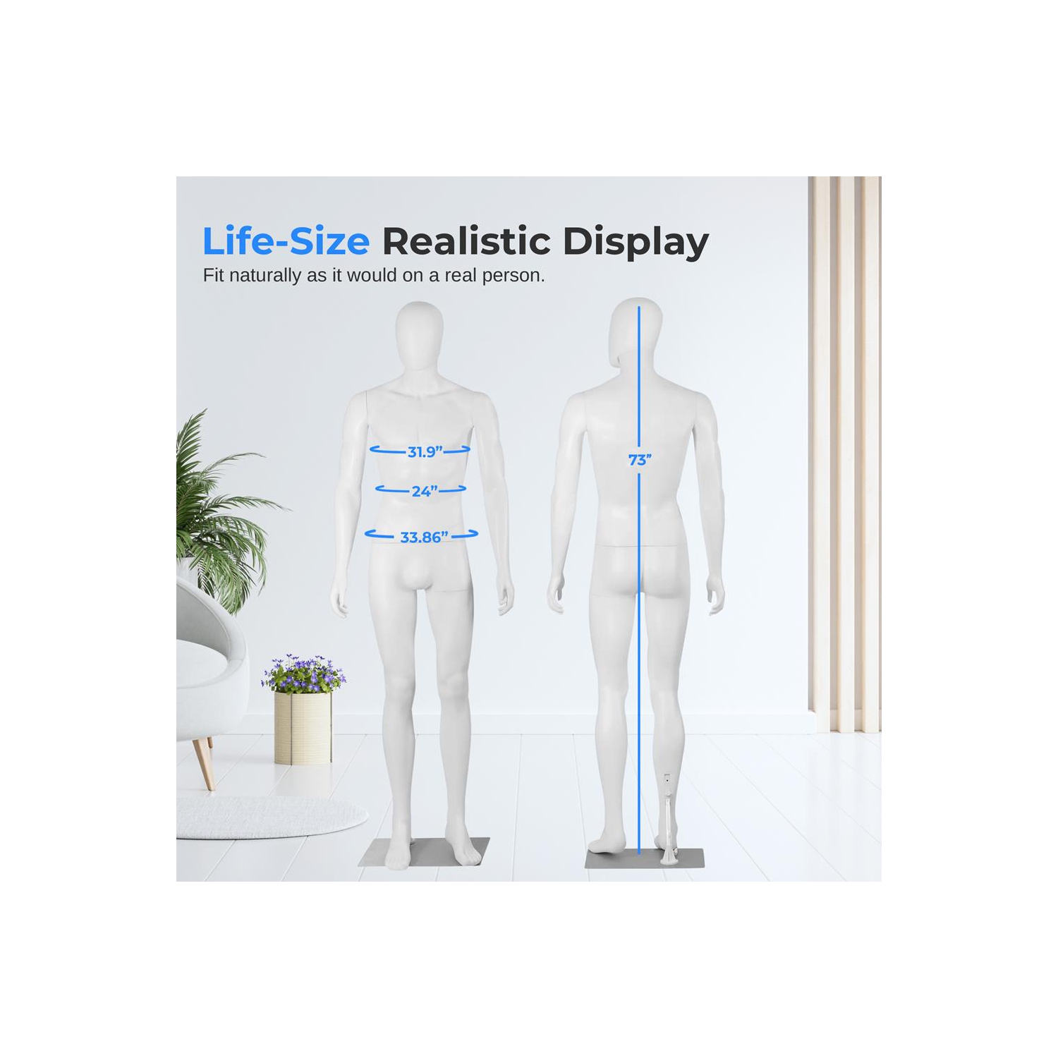 Adjustable Male Mannequin Full Body - 73" Detachable Male Dress Form Full Body Mannequin Poseable Life Size Mannequin Torso - Great for Retail Shops