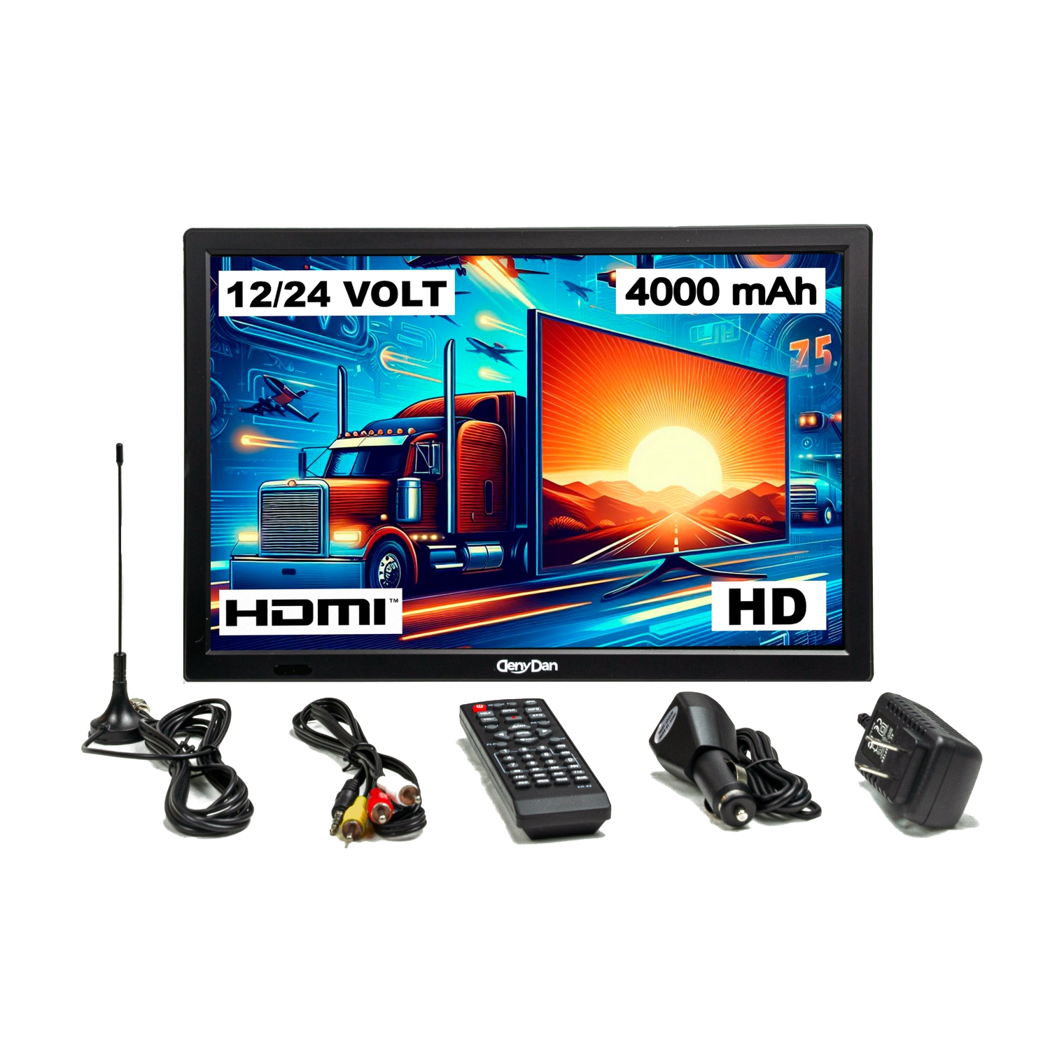 DenyDan – Téléviseur portatif de voyage de 16&nbsp;po avec batterie intégrée, HD intégrale, HDMI/USB/AV, options d'alimentation