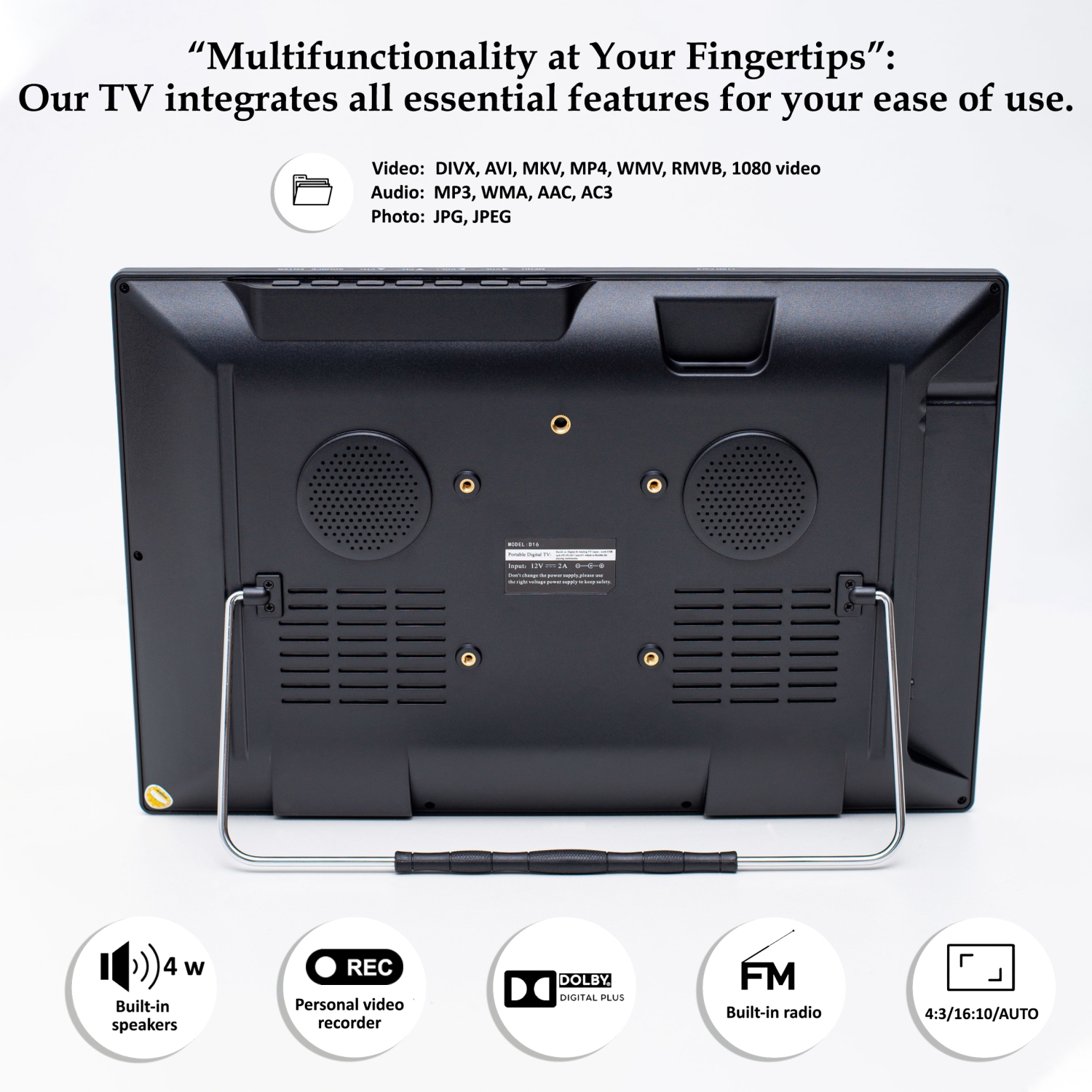 DenyDan – Téléviseur portatif de voyage de 16&nbsp;po avec batterie intégrée, HD intégrale, HDMI/USB/AV, options d'alimentation