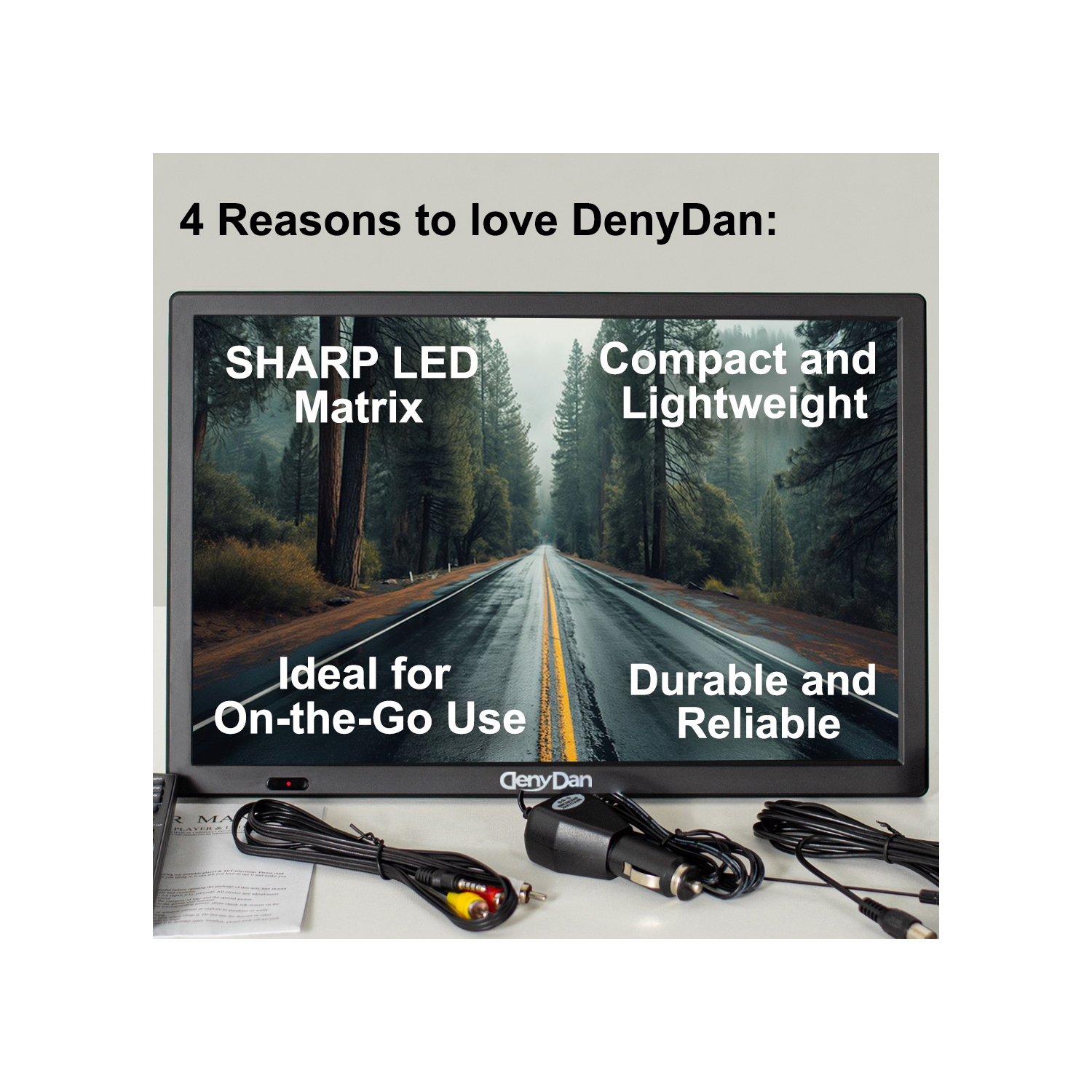 DenyDan – Téléviseur portatif de voyage de 16&nbsp;po avec batterie intégrée, HD intégrale, HDMI/USB/AV, options d'alimentation