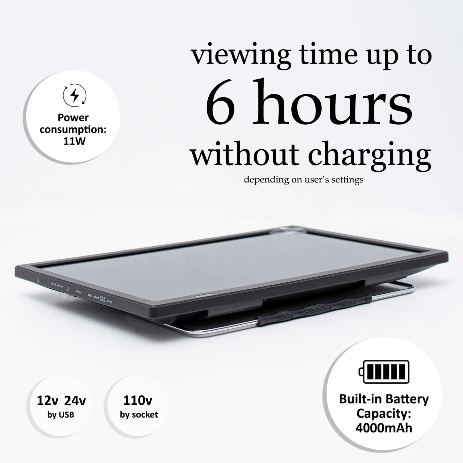 DenyDan – Téléviseur portatif de voyage de 16&nbsp;po avec batterie intégrée, HD intégrale, HDMI/USB/AV, options d'alimentation