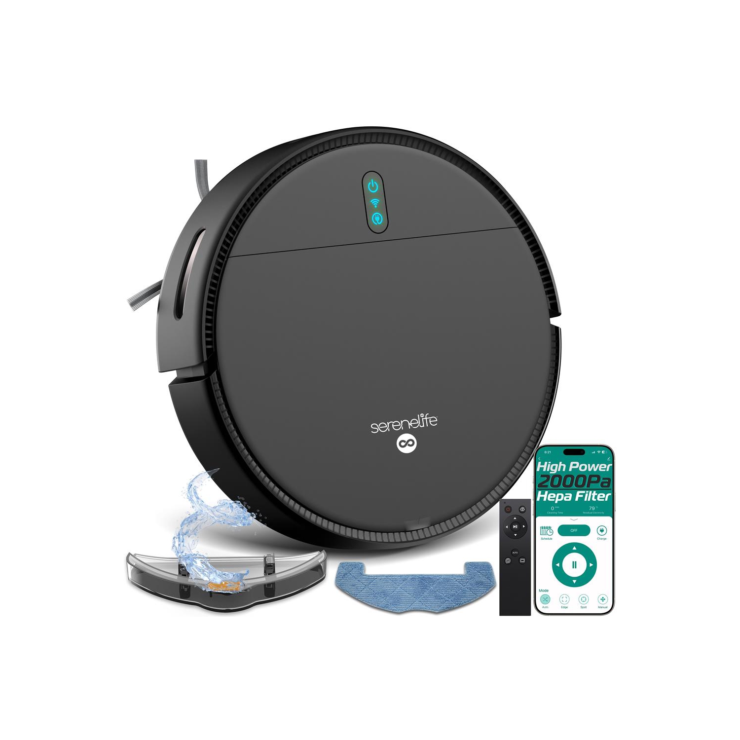 SereneLife Smart Robot Vacuum and Mop Combo, App Control, 3 Cleaning Modes, Anti-Fall Sensors, Self-Charging, Ideal for Pet Hair, Tile, Wood, Carpet,