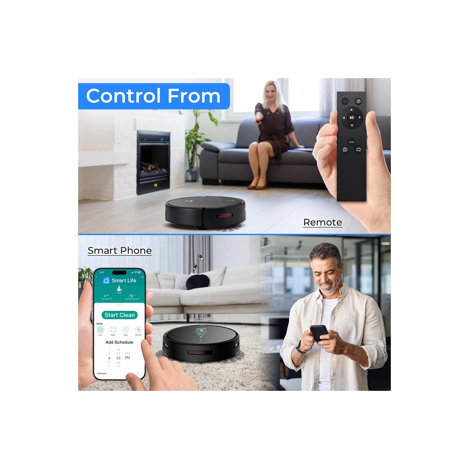 SereneLife Smart Robot Vacuum and Mop Combo, App Control, 3 Cleaning Modes, Anti-Fall Sensors, Self-Charging, Ideal for Pet Hair, Tile, Wood, Carpet,