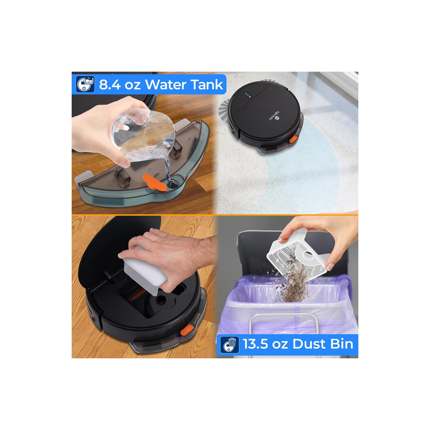 SereneLife Smart Robot Vacuum and Mop Combo, App Control, 3 Cleaning Modes, Anti-Fall Sensors, Self-Charging, Ideal for Pet Hair, Tile, Wood, Carpet,