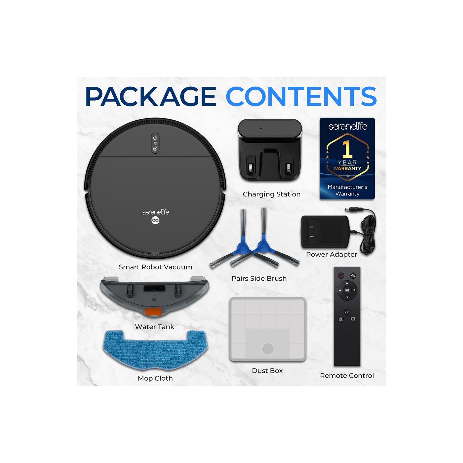 SereneLife Smart Robot Vacuum and Mop Combo, App Control, 3 Cleaning Modes, Anti-Fall Sensors, Self-Charging, Ideal for Pet Hair, Tile, Wood, Carpet,