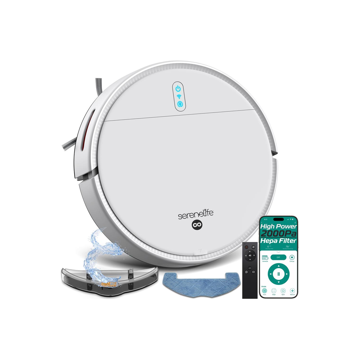 SereneLife Smart Robot Vacuum and Mop Combo, App Control, 3 Cleaning Modes, Anti-Fall Sensors, Self-Charging, Ideal for Pet Hair, Tile, Wood, Carpet,