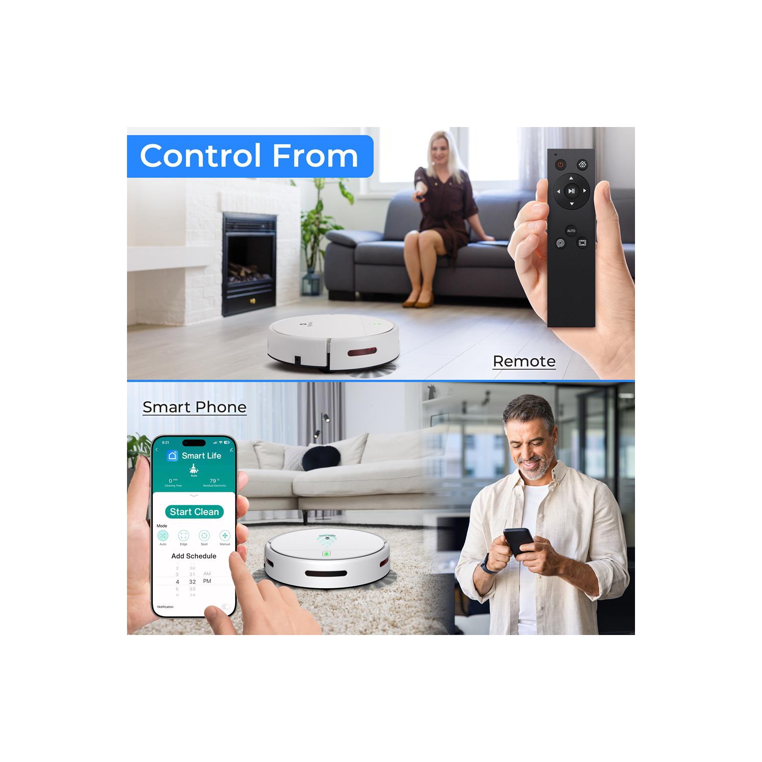 SereneLife Smart Robot Vacuum and Mop Combo, App Control, 3 Cleaning Modes, Anti-Fall Sensors, Self-Charging, Ideal for Pet Hair, Tile, Wood, Carpet,