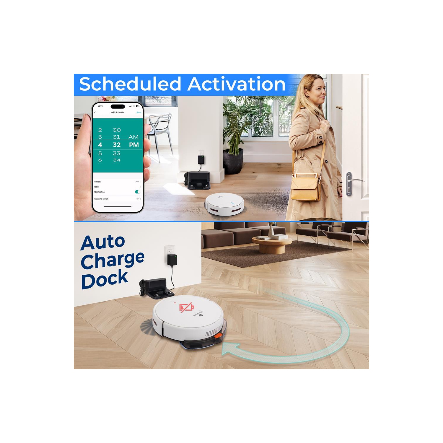 SereneLife Smart Robot Vacuum and Mop Combo, App Control, 3 Cleaning Modes, Anti-Fall Sensors, Self-Charging, Ideal for Pet Hair, Tile, Wood, Carpet,