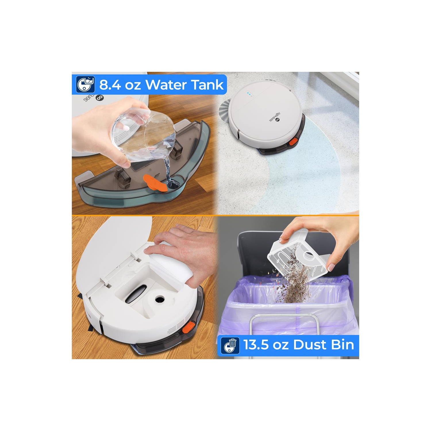 SereneLife Smart Robot Vacuum and Mop Combo, App Control, 3 Cleaning Modes, Anti-Fall Sensors, Self-Charging, Ideal for Pet Hair, Tile, Wood, Carpet,