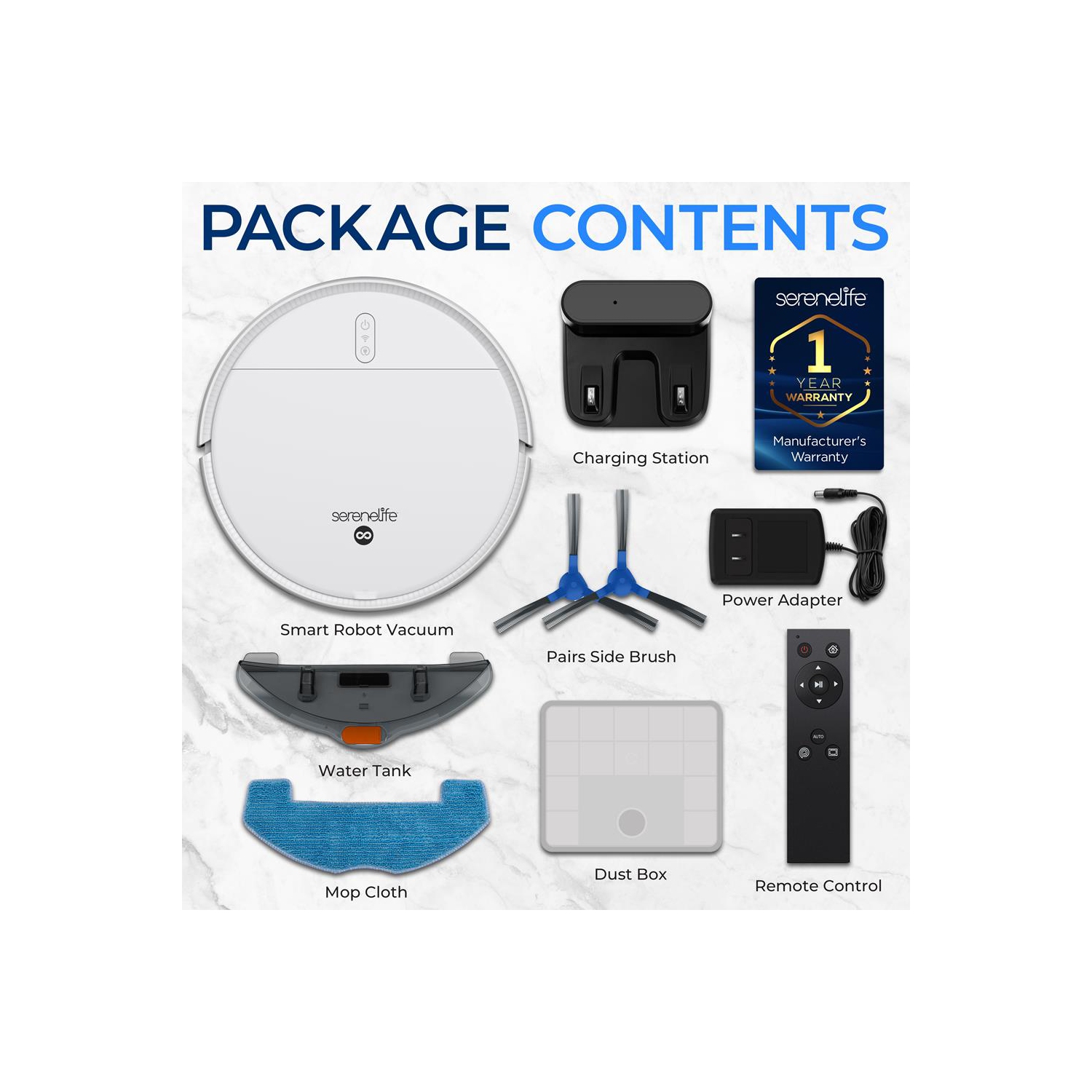 SereneLife Smart Robot Vacuum and Mop Combo, App Control, 3 Cleaning Modes, Anti-Fall Sensors, Self-Charging, Ideal for Pet Hair, Tile, Wood, Carpet,