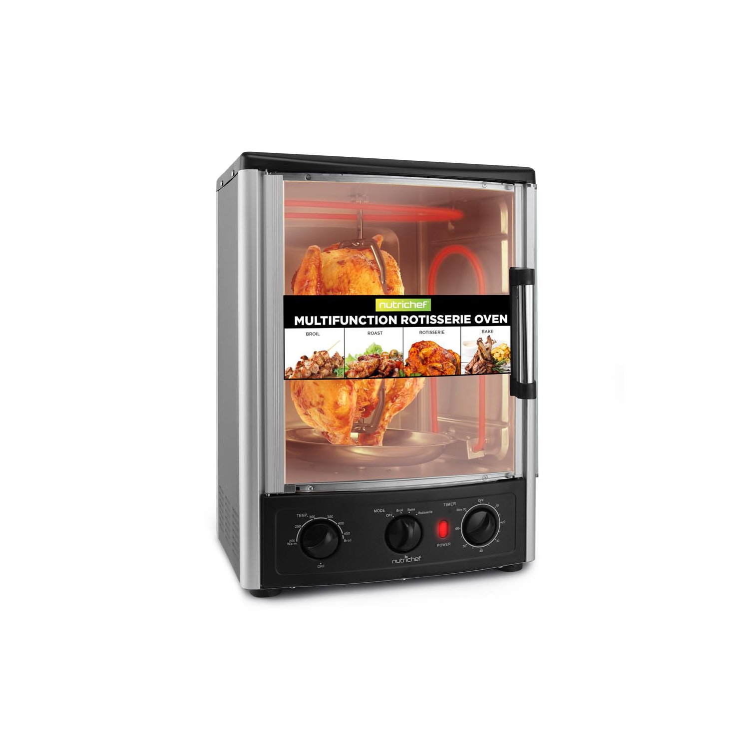 NutriChef Multi-Function Rotisserie Countertop Oven | 24 Quart Vertical Glass Door Convection Oven, for Rotisserie Roasting & Broiling | Timer &