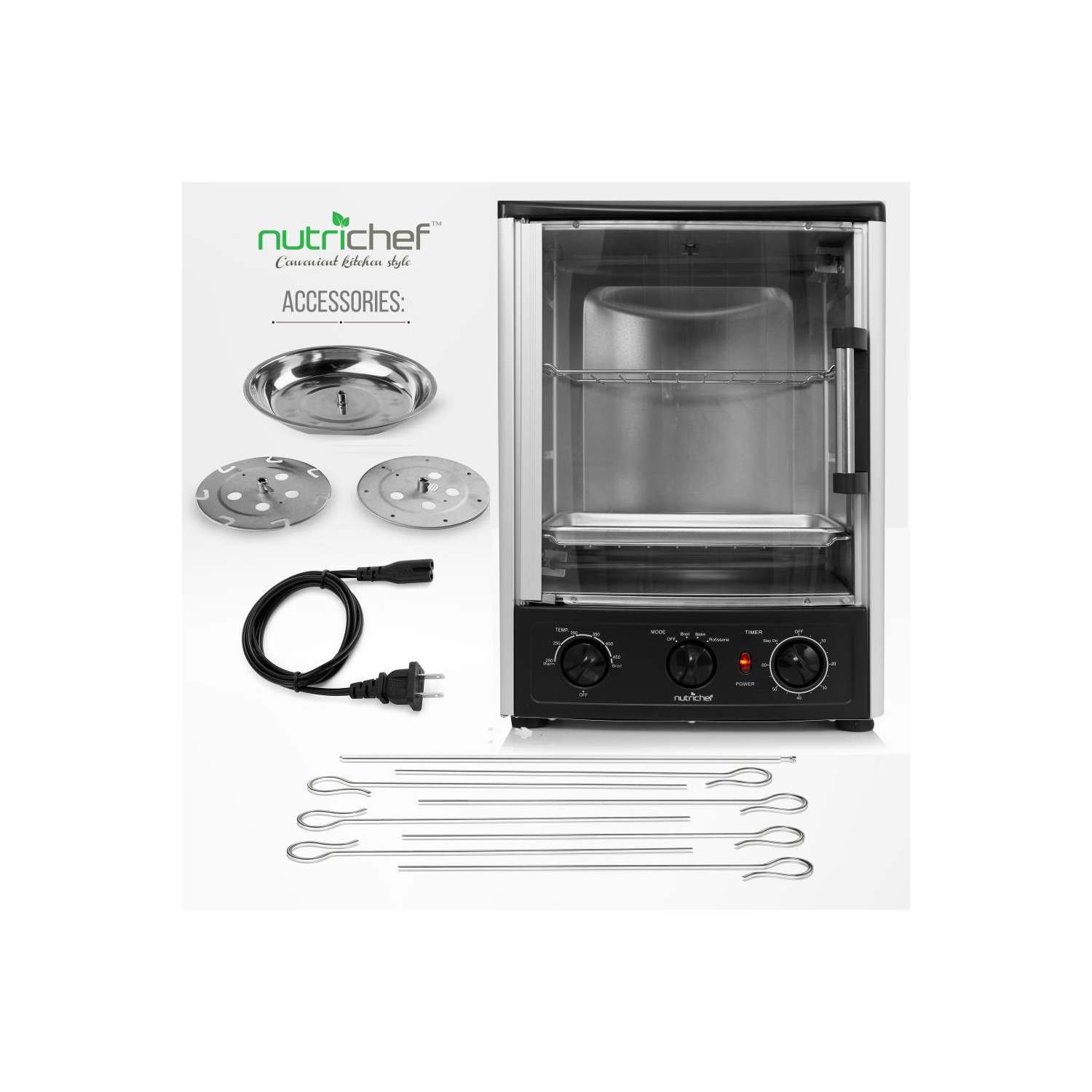 NutriChef Multi-Function Rotisserie Countertop Oven | 24 Quart Vertical Glass Door Convection Oven, for Rotisserie Roasting & Broiling | Timer &