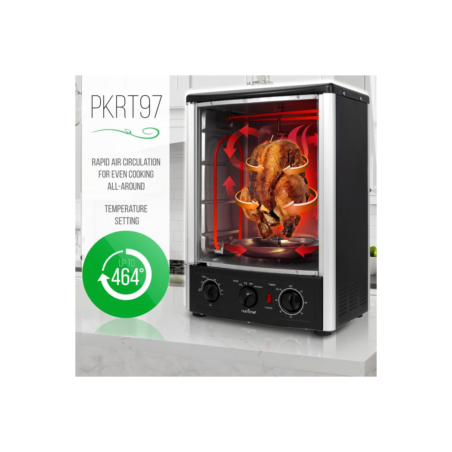 NutriChef Multi-Function Rotisserie Countertop Oven | 24 Quart Vertical Glass Door Convection Oven, for Rotisserie Roasting & Broiling | Timer &