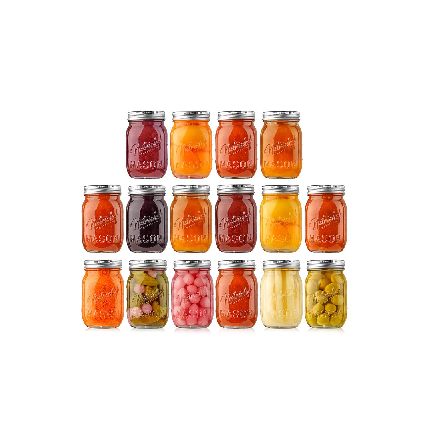 NutriChef 16 oz Mason Jars - 16pc Glass Jar with Lid, Airtight Screw Lids, Storage Glass Jars for Overnight Oats, Fruits, Jams, Drink Favors, Spice,