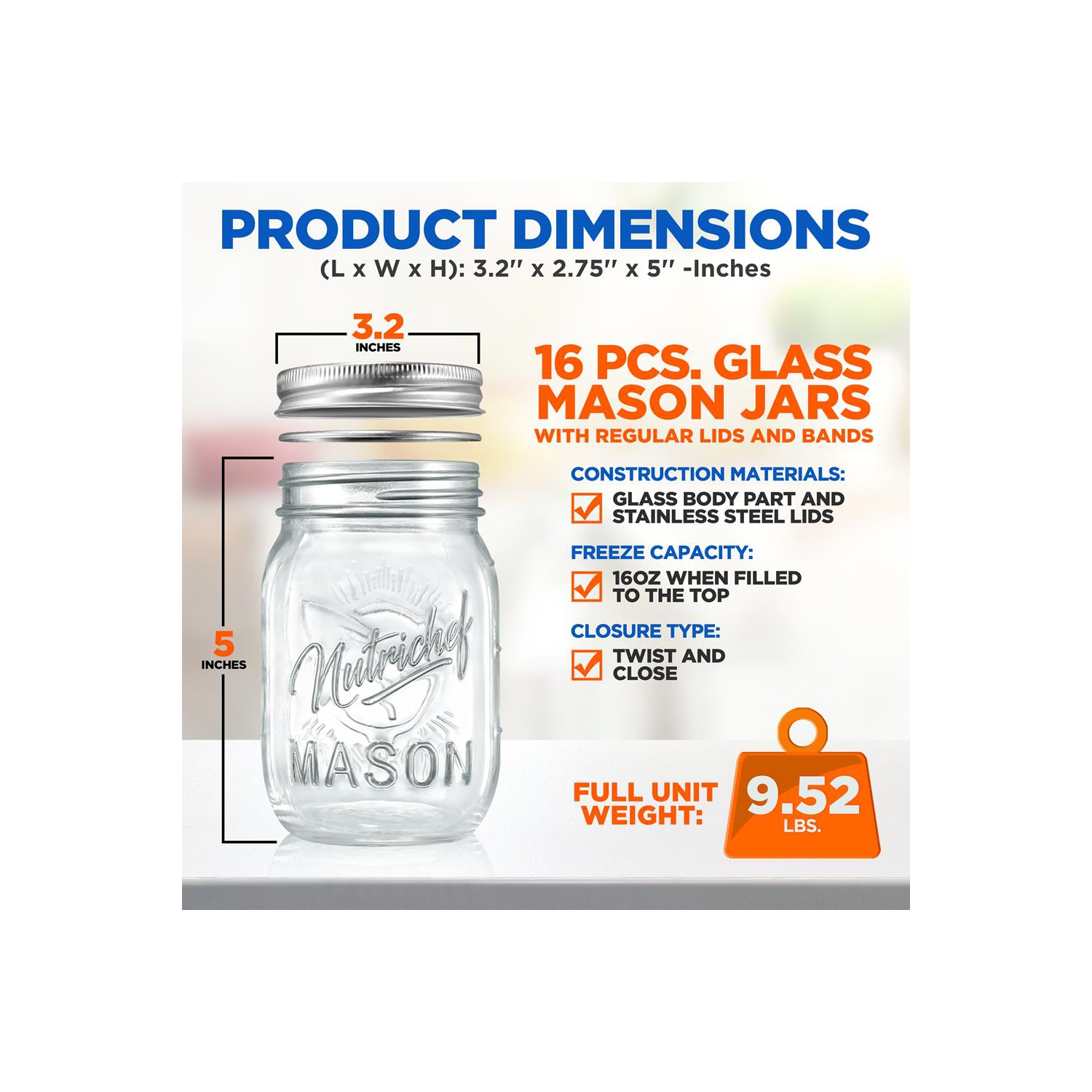 NutriChef 16 oz Mason Jars - 16pc Glass Jar with Lid, Airtight Screw Lids, Storage Glass Jars for Overnight Oats, Fruits, Jams, Drink Favors, Spice,