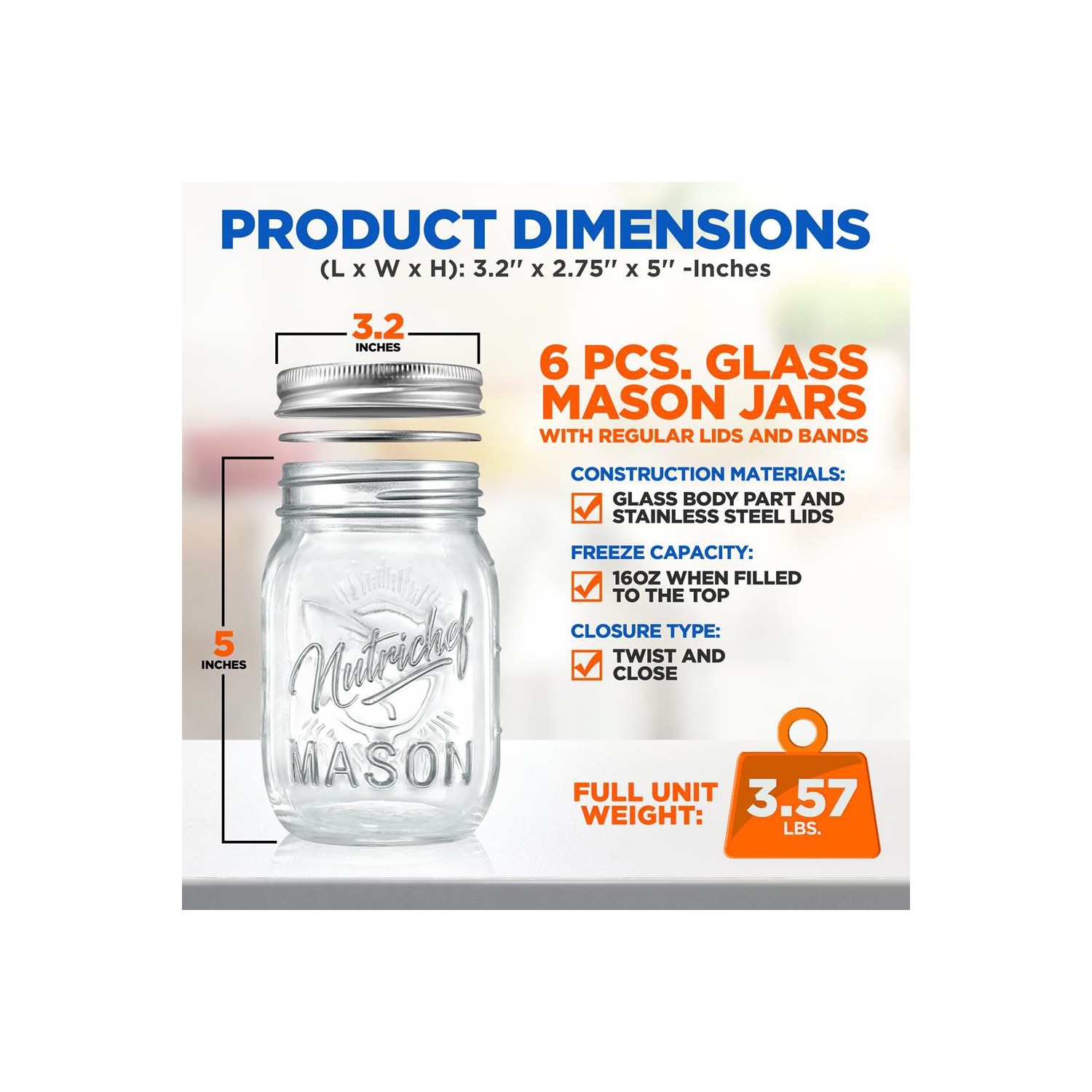 Mason Jars with Lids - 16oz DIY Magnetic Spice Jar Glass Container w/Airtight Lid and Band - Ideal for Meal Prep, Overnight Oats, Jelly, Jam, Honey,