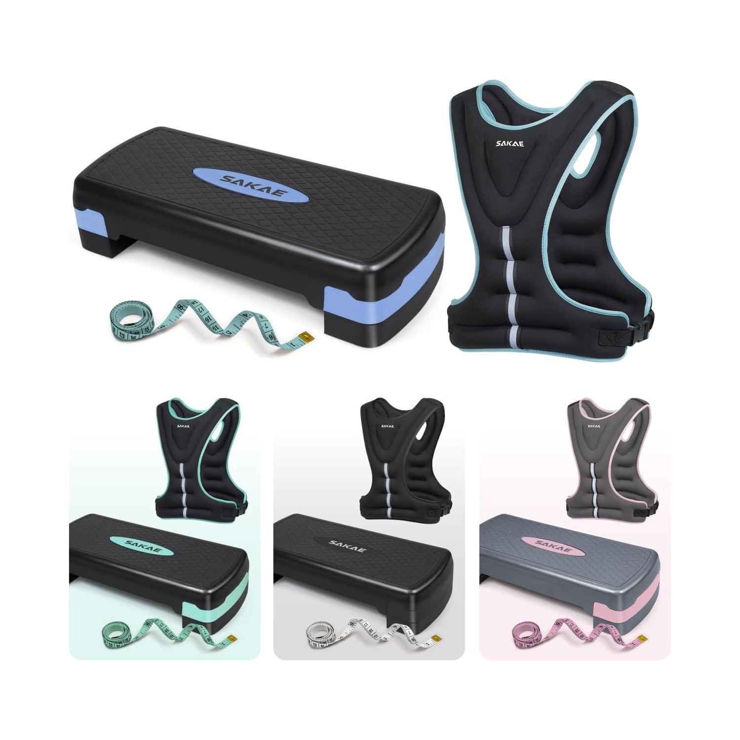 SAKAE Aerobics Step Platform Set with Weighted Vest & Measuring Tape, Adjustable Height 2 Level Risers Workout Step Trainer with Non-Slip Surface,