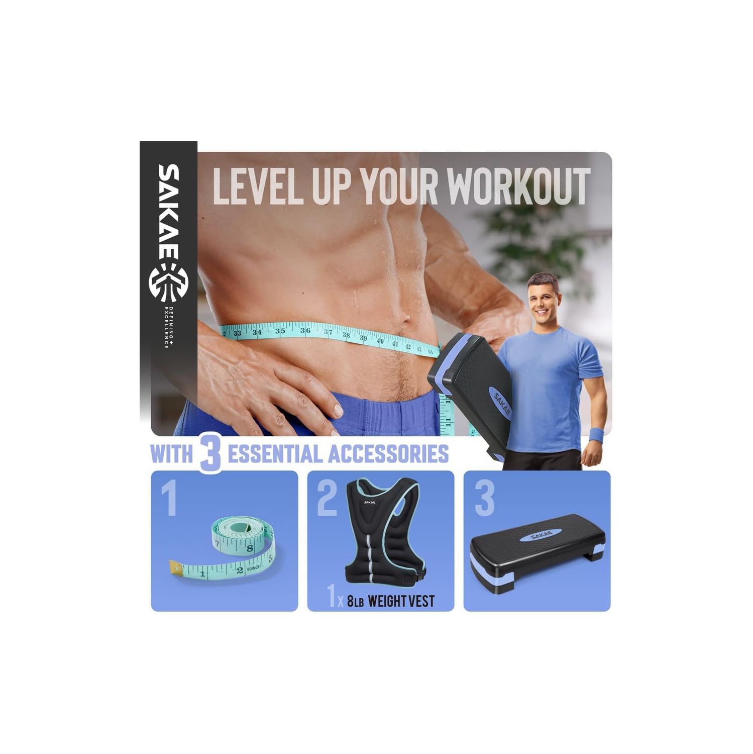 SAKAE Aerobics Step Platform Set with Weighted Vest & Measuring Tape, Adjustable Height 2 Level Risers Workout Step Trainer with Non-Slip Surface,