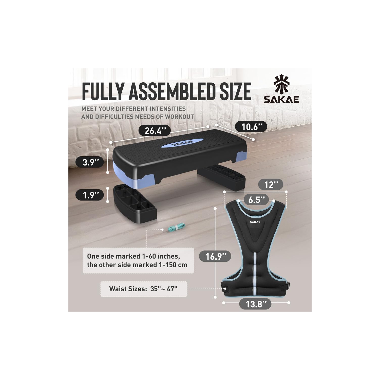SAKAE Aerobics Step Platform Set with Weighted Vest & Measuring Tape, Adjustable Height 2 Level Risers Workout Step Trainer with Non-Slip Surface,