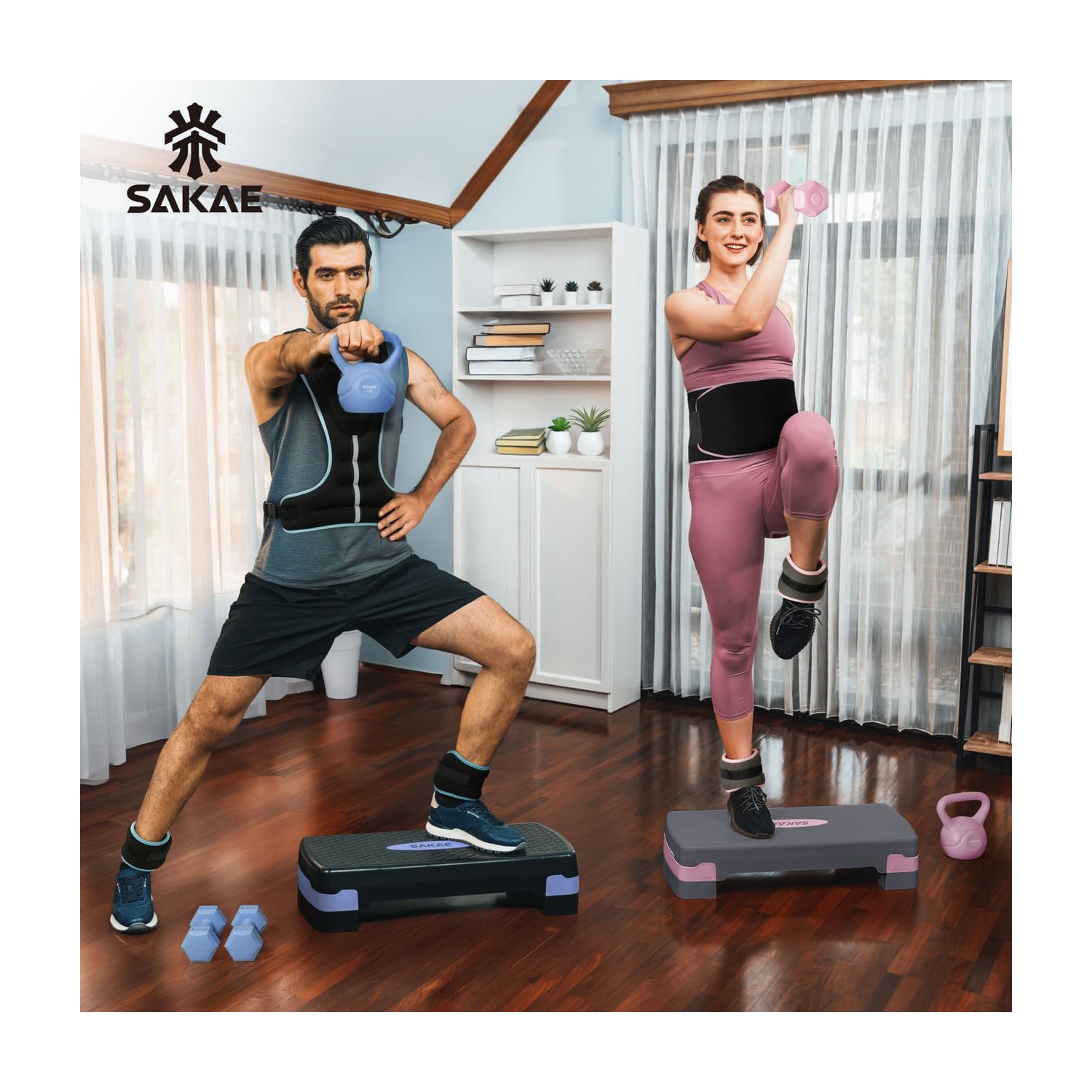 SAKAE Aerobics Step Platform Set with Weighted Vest & Measuring Tape, Adjustable Height 2 Level Risers Workout Step Trainer with Non-Slip Surface,